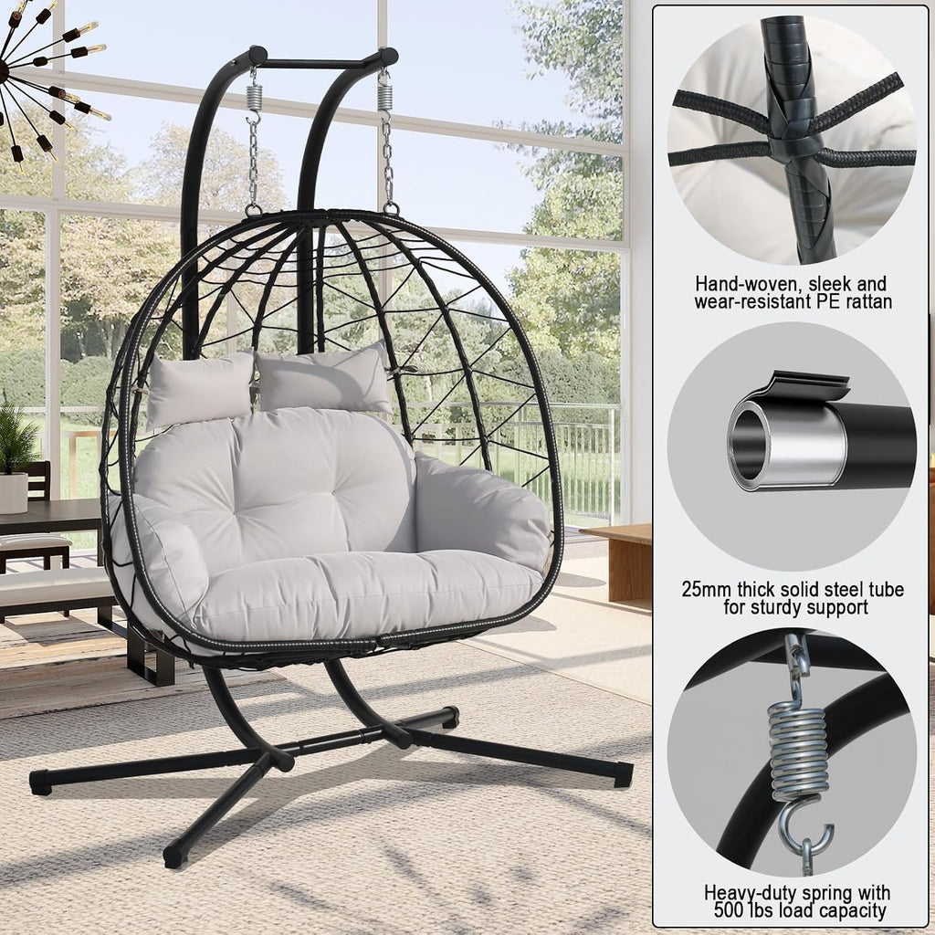 Double Egg Chair Outdoor, 2 Person Hanging Egg Chair with Stand, Patio Wicker Egg Swing Chair for Garden, Backyard, Balcony, 600Lbs Heavy Duty(BL-GR)