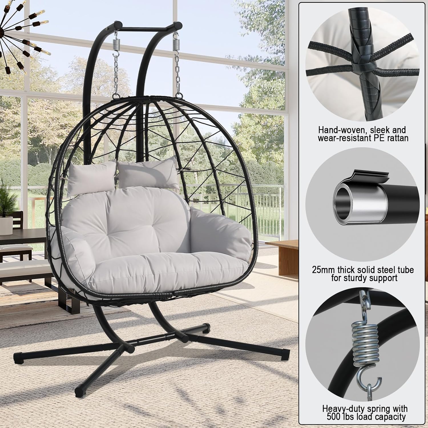 Double Egg Chair Outdoor, 2 Person Hanging Egg Chair with Stand, Patio Wicker Egg Swing Chair for Garden, Backyard, Balcony, 600Lbs Heavy Duty(BL-GR)