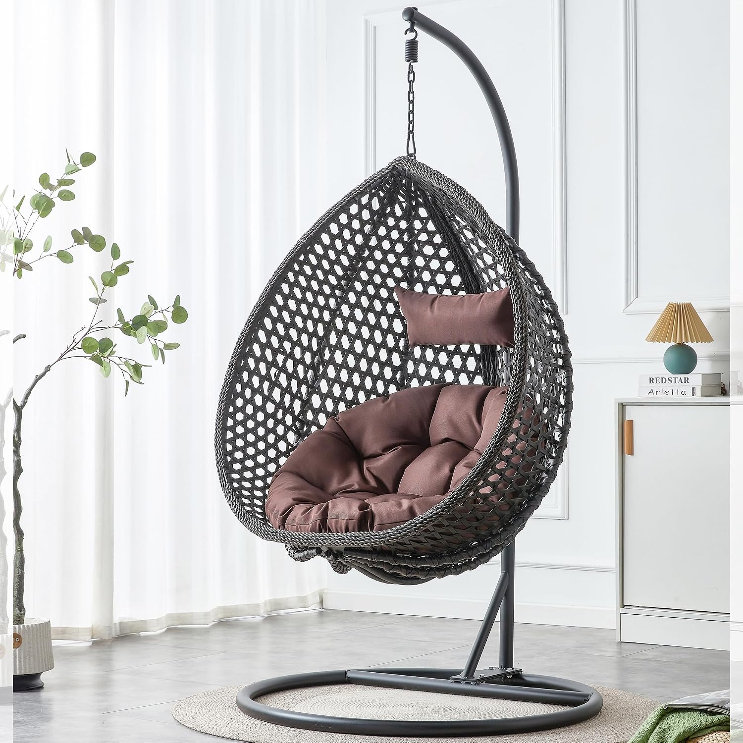 Black Egg Swing Chair with Stand,Hanging Egg Chair Indoor Outdoor with Cushion and Pillow,Modern Wicker Swing Chair,300lbs Capacity for Porch,Patio,Garden, Bedroom, Balcony,Yard
