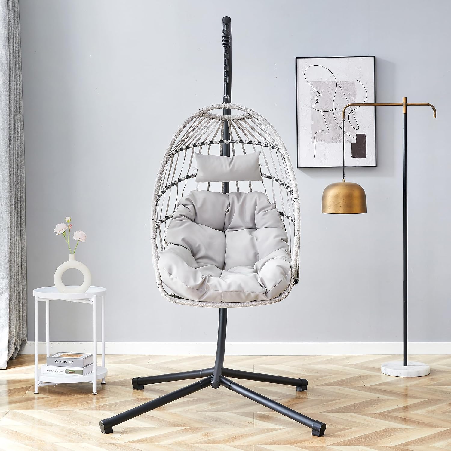 Egg Chair with Stand – Faux Rattan Wicker Hanging Hammock Chair, Soft Cushions & Pillow, Titanium Alloy Frame, UV-Resistant, All-Weather, Easy Assembly, 350 lbs Capacity for Patio, Garden, Balcony