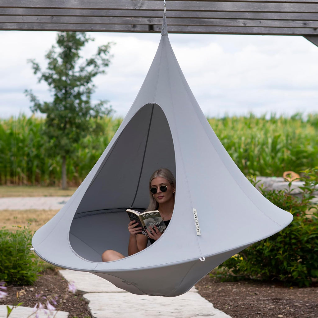 Double Cacoon Hanging Chair for Two – Cozy Indoor/Outdoor Hammock with Polyester Canvas, 440 lb Capacity, Includes 18ft Rope & Carabiner (Moon River)