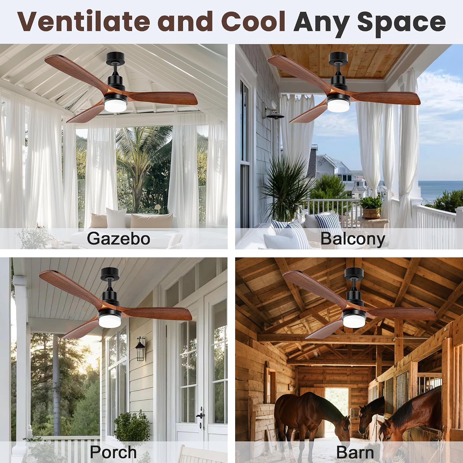 Solar Ceiling Fan 42' for Outside 3 Speeds, Outdoor Ceiling Fans with Light & Battery, Quiet Wood Walnut Fan with Adjustable Thermostat for Gazebo, Patios