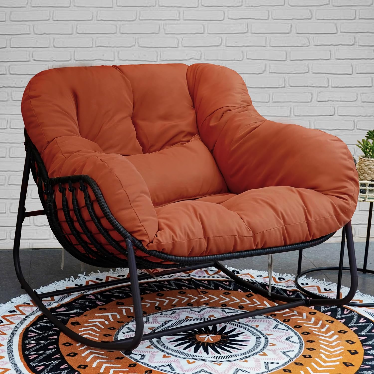 Papasan Rocking Chair Indoor & Outdoor, All Weather Wicker Papasan Patio Chair with Cushion & Pillow, Oversized Papasan Rocker Egg Chair for Bedroom, Garden, Patio - Red.