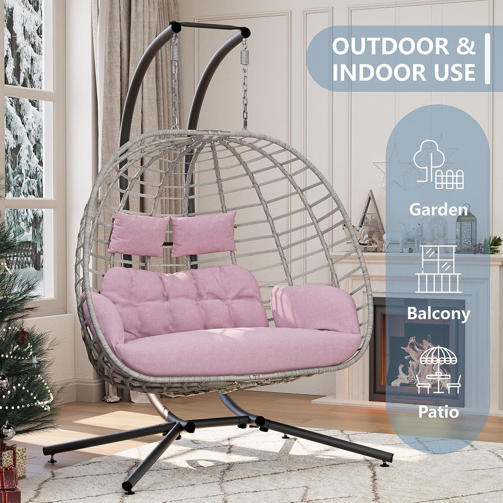 SWITTE Double Egg Swing Chair with Stand, Outdoor Patio 2 Person Hanging Wicker Hammock Chairs with Cushion for Indoor Bedroom, Lawn, Garden-Pink