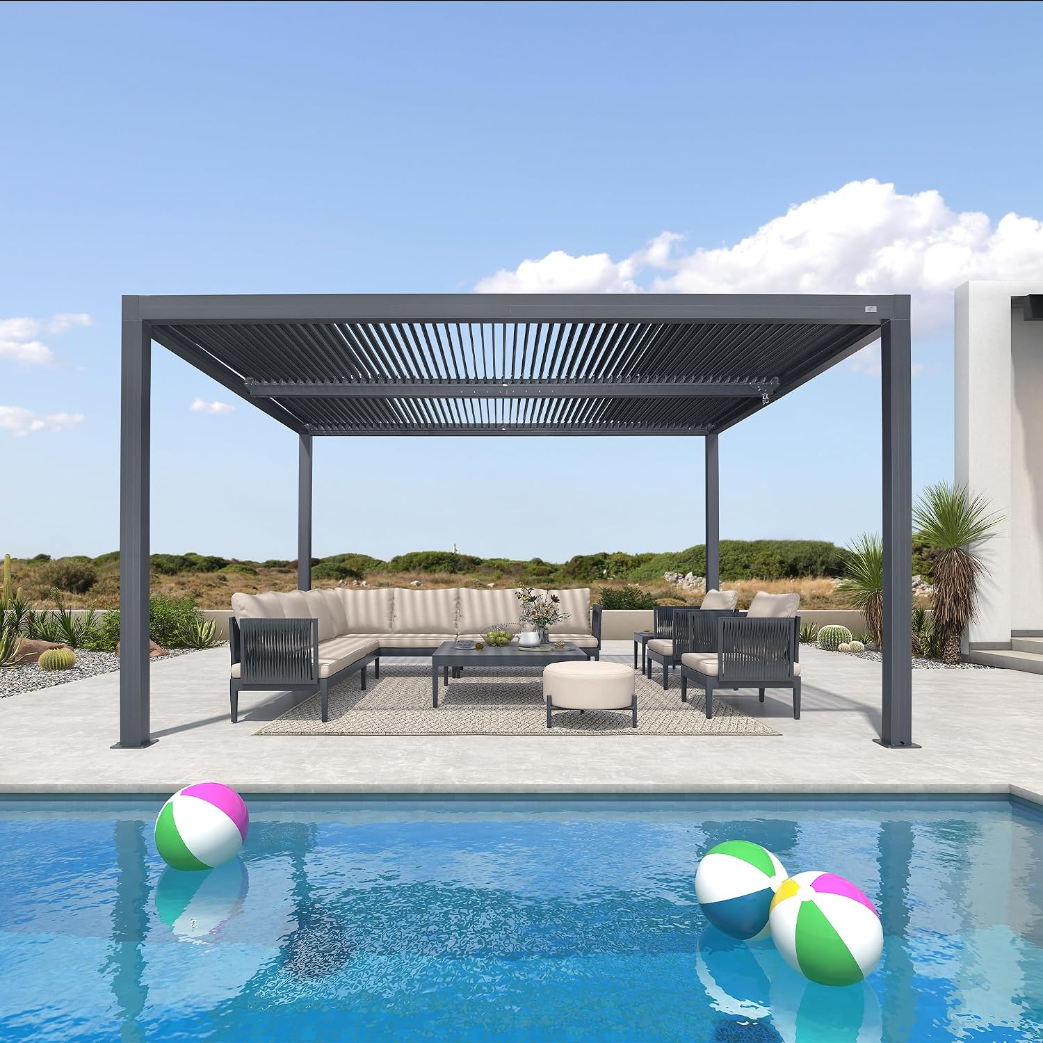 PURPLE LEAF LED Louvered Pergola 94AS 12'x 14' Full Aluminum Frame and Adjustable Roof Integrated Strip Lights for Outdoor Deck Garden Patio Gray Hardtop Gazebo Pergola