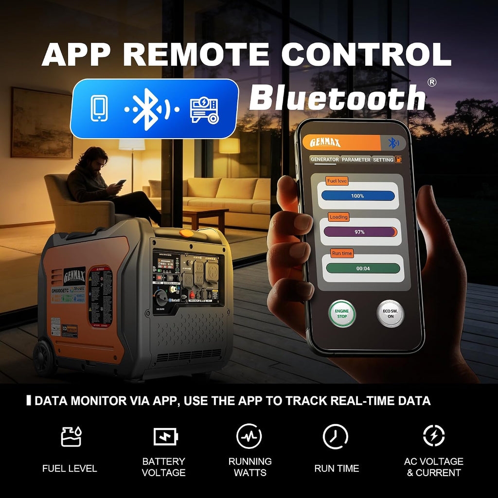 GENMAX 8000w Tri-Fuel Inverter Generator(2026Model)Features2Wire Auto Start/Stop,bluetooth APP Control,CO Sensor,Digital Display&50A Outlet-Ideal for Home Backup&Camping,EPA&CARB Compliant(GM8000iETC)