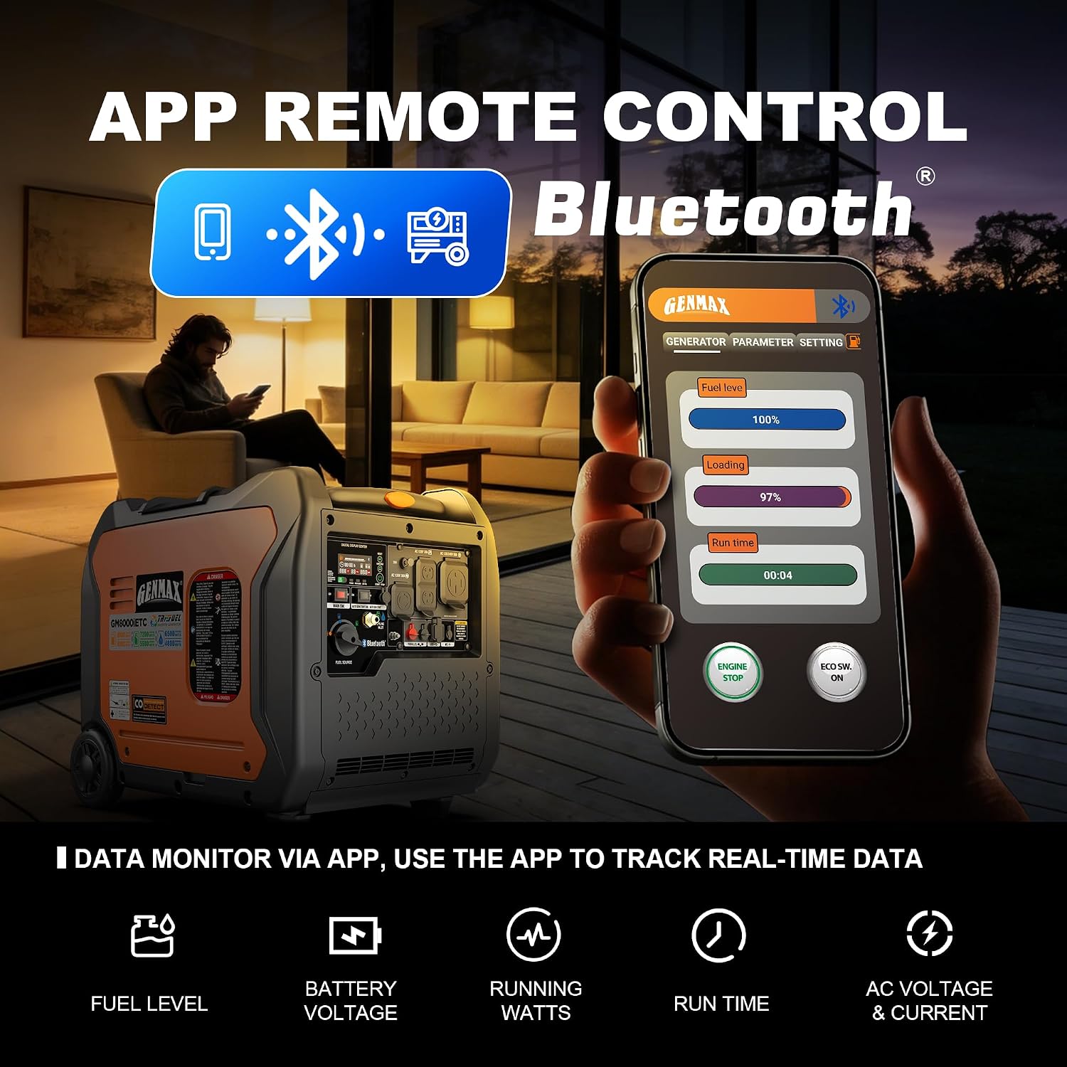 GENMAX 8000w Tri-Fuel Inverter Generator(2026Model)Features2Wire Auto Start/Stop,bluetooth APP Control,CO Sensor,Digital Display&50A Outlet-Ideal for Home Backup&Camping,EPA&CARB Compliant(GM8000iETC)