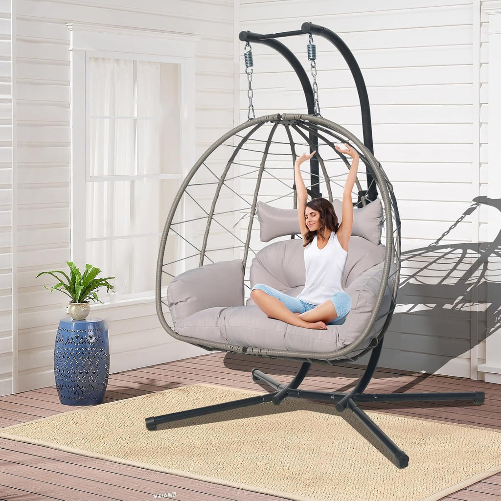 Double Egg Chair Outdoor, 2 Person Hanging Egg Chair with Stand, Patio Wicker Egg Swing Chair for Garden, Backyard, Balcony, 600Lbs Heavy Duty, Grey