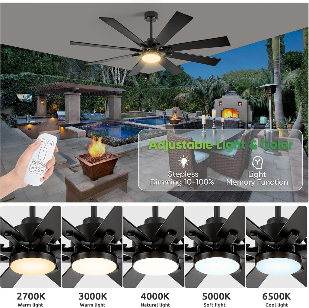 62 Inch Outdoor Ceiling Fan with Light for Patios, Black Ceiling Fan with Light, Large Damp Rated Industrial Fan with 8 Blades, Large Airflow Indoor Exterior Fans for Patios Porch Garage Office