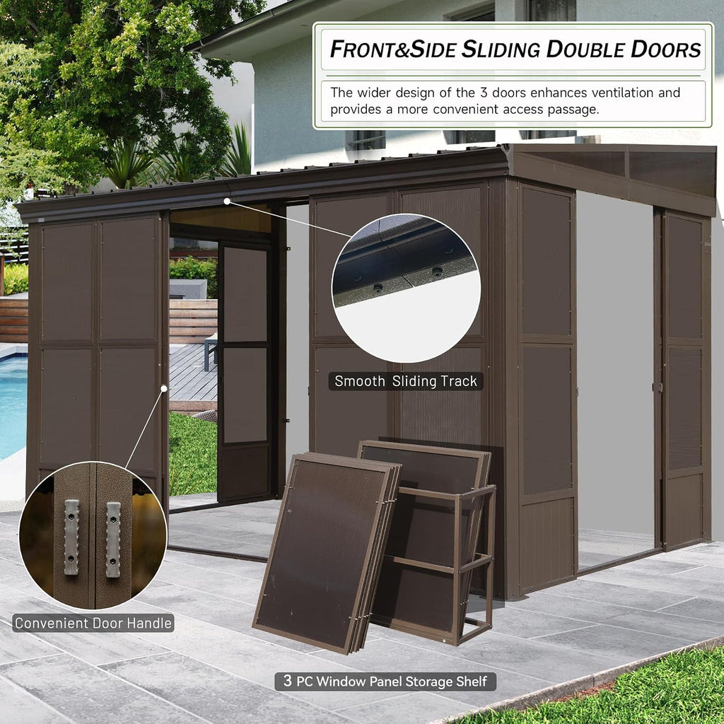 8x12FT Wall Mounted Sunroom Kit with 3 Sliding Double Doors (Front and 2 Sides), Patio Small Solarium All Season, Enclosed Lean to Gazebo with Galvanized Steel Roof and PC Windows for Backyard