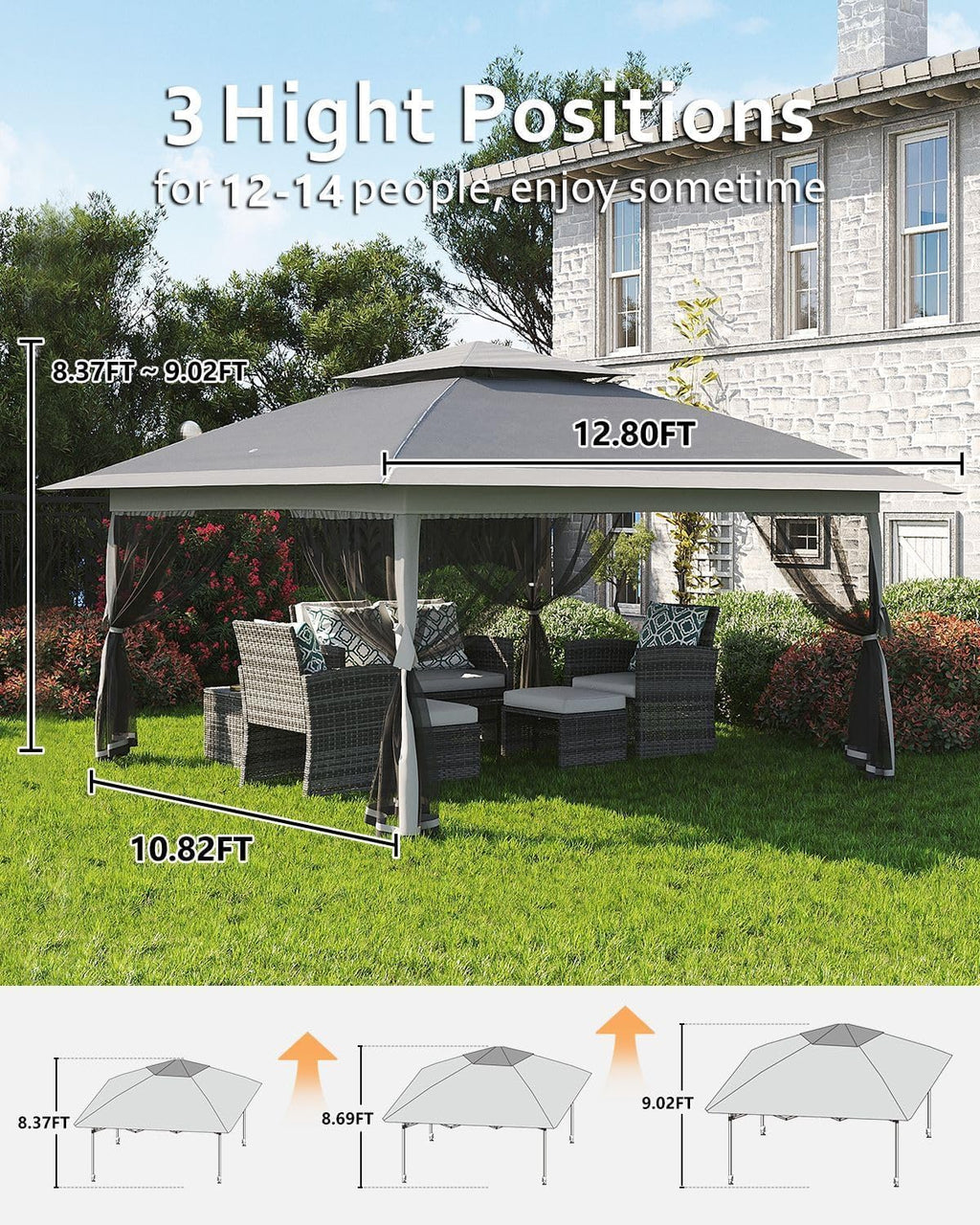13x13 Pop Up Gazebo, Outdoor Canopy Tent with Mosquito Net, Height Adjustable Canopy Gazebo, Large Shade Tent for Camping, Lawn, Backyard, Garden, Patio