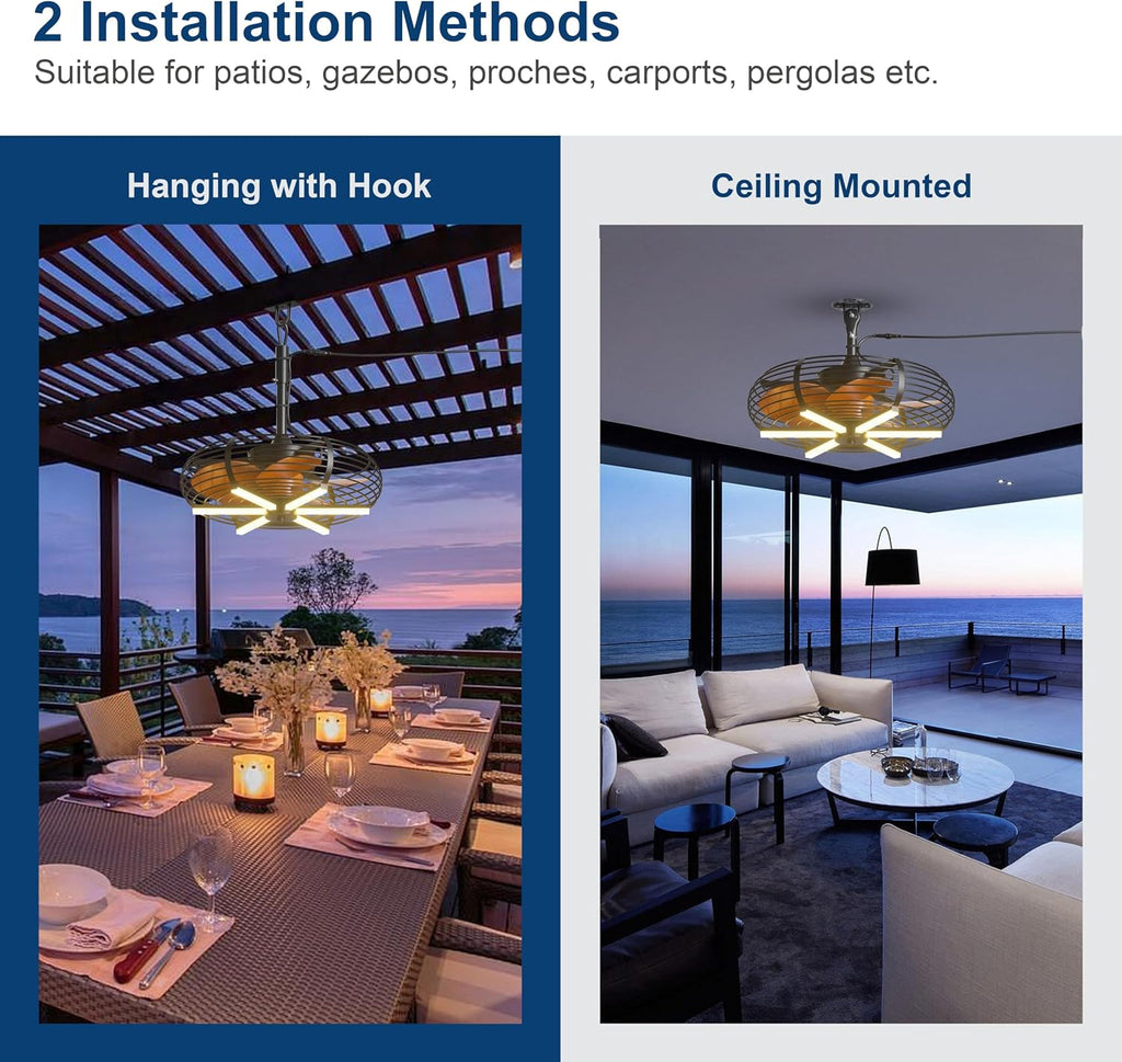 Coolbull 20'' Outdoor Ceiling Fan with Light, Wet Rated Gazebo Fan, Plug in Ceiling Fan, Hanging with Hook, Remote&APP, 6 Speeds, with Wood Blades