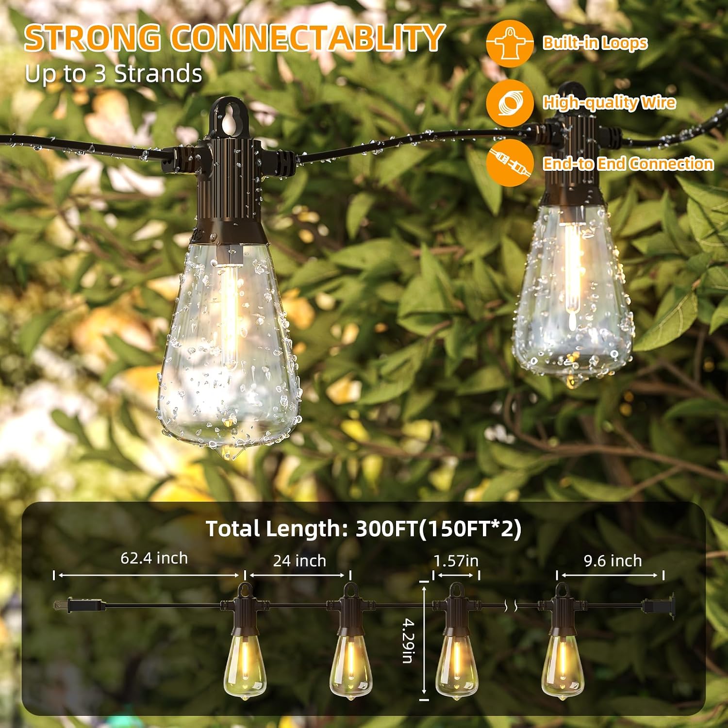 FOOMAN LED Outdoor String Lights, 300FT Outside Waterproof Patio Lights with 146+3 Shatterproof ST38 Edison Bulbs, 2700K Warm White Hanging Light, Dimmable Light for Backyard Porch Gazebo(150FT x 2)