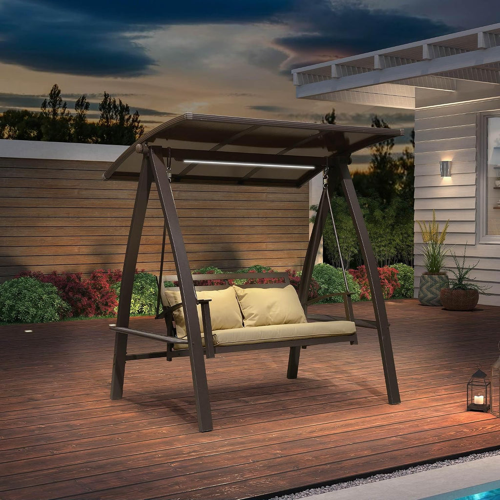 PURPLE LEAF 2-Seat Porch Swing with Adjustable PVC Canopy Metal Patio Bench Glider Swing Bed Outdoor Swing Chair with Stand and Side Cup Holder for Outside Garden Porch, Cushion and Pillows Included