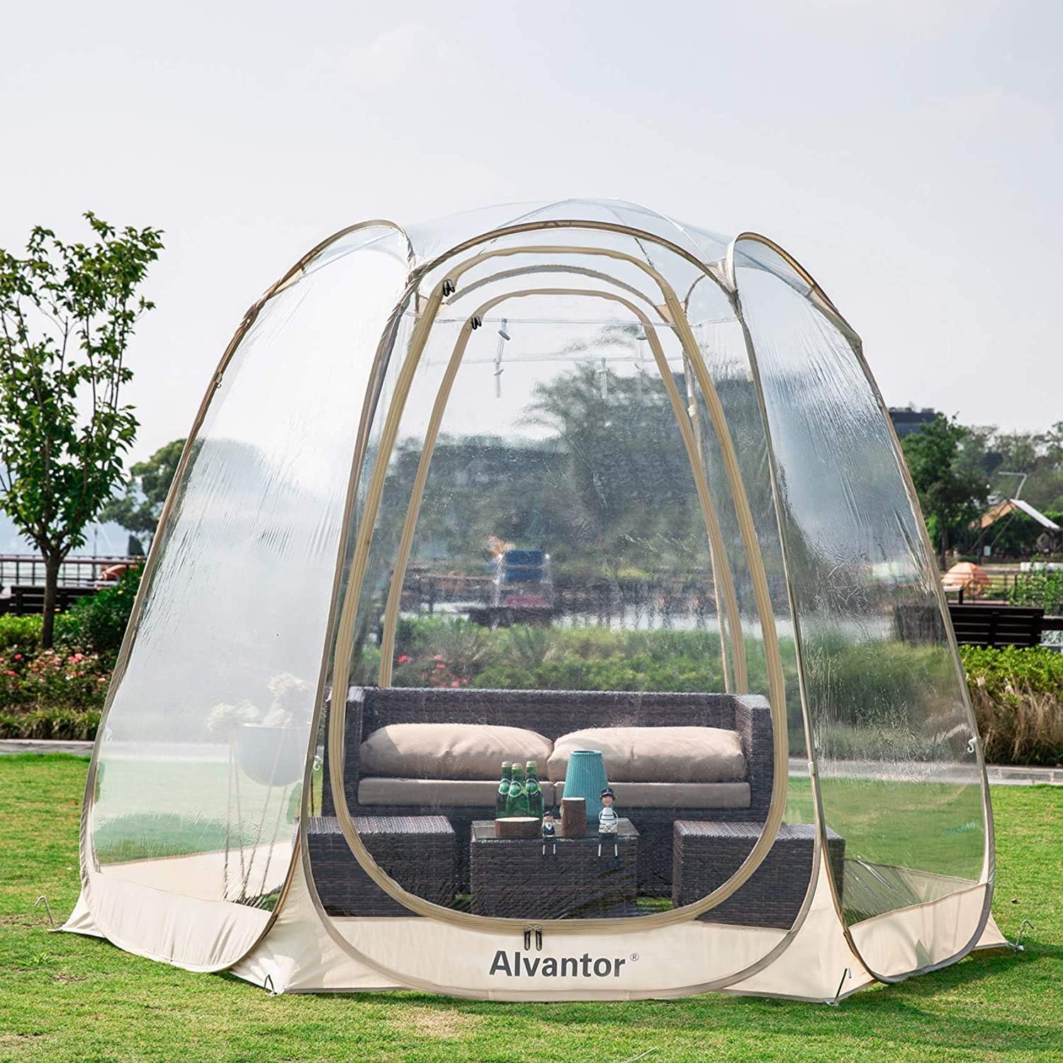 Alvantor® Pop Up Bubble Tent® - 10' x 10' Instant Igloo Tent® - 4-6 Person Screen House for Patios - Large Oversize Weather Proof Pod - Cold Protection Camping - Beige