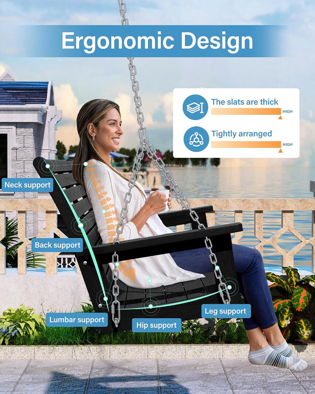 YEFU Hanging Porch Swing Outdoor: 2-Seat Patio Swing Bench-All Weather Swings Chair with Hanging Chains-Look Like Real Wood-Garden/Courtyard/660Lbs Weight Capacity/4FT/Black