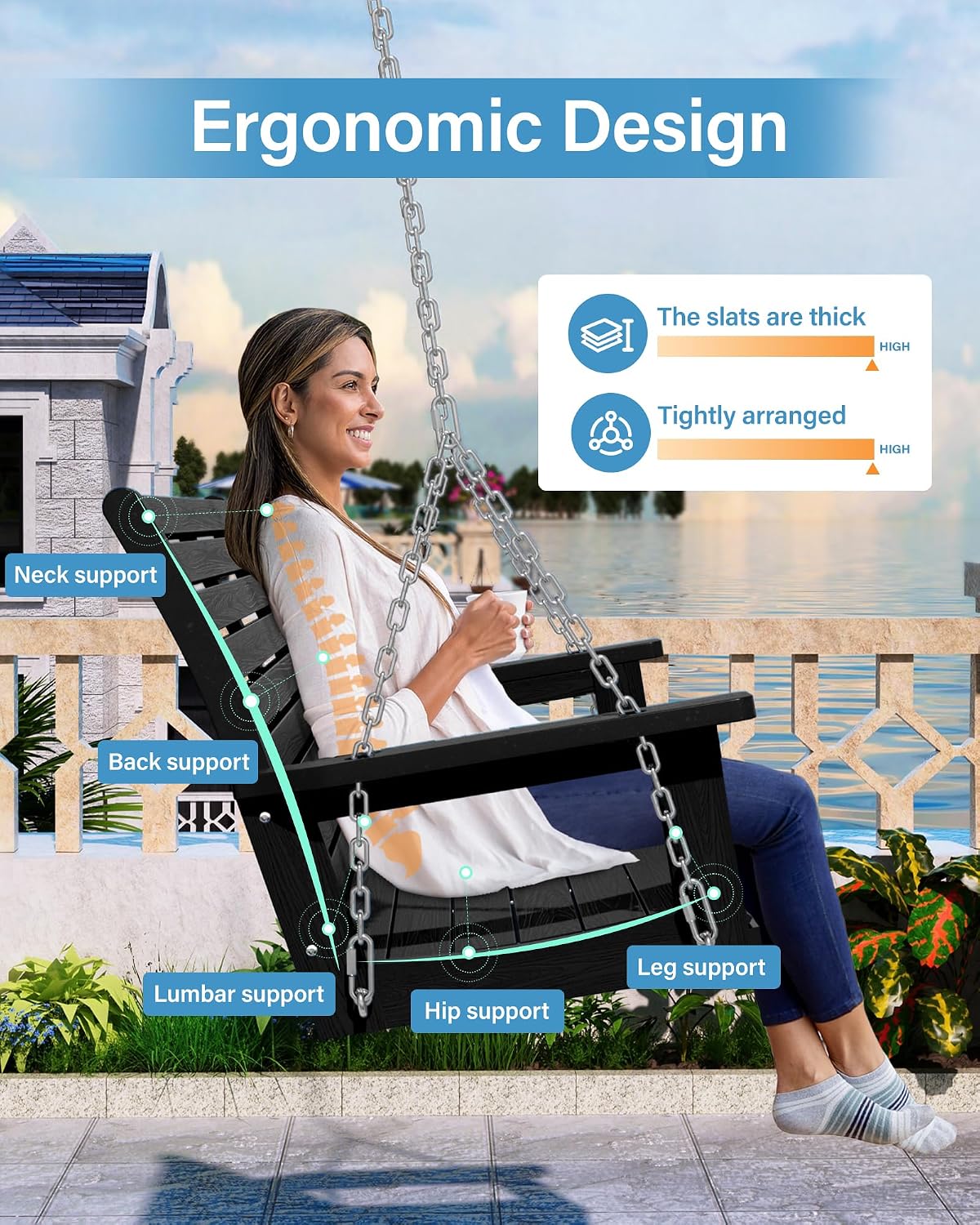 YEFU Hanging Porch Swing Outdoor: 2-Seat Patio Swing Bench-All Weather Swings Chair with Hanging Chains-Look Like Real Wood-Garden/Courtyard/660Lbs Weight Capacity/4FT/Black