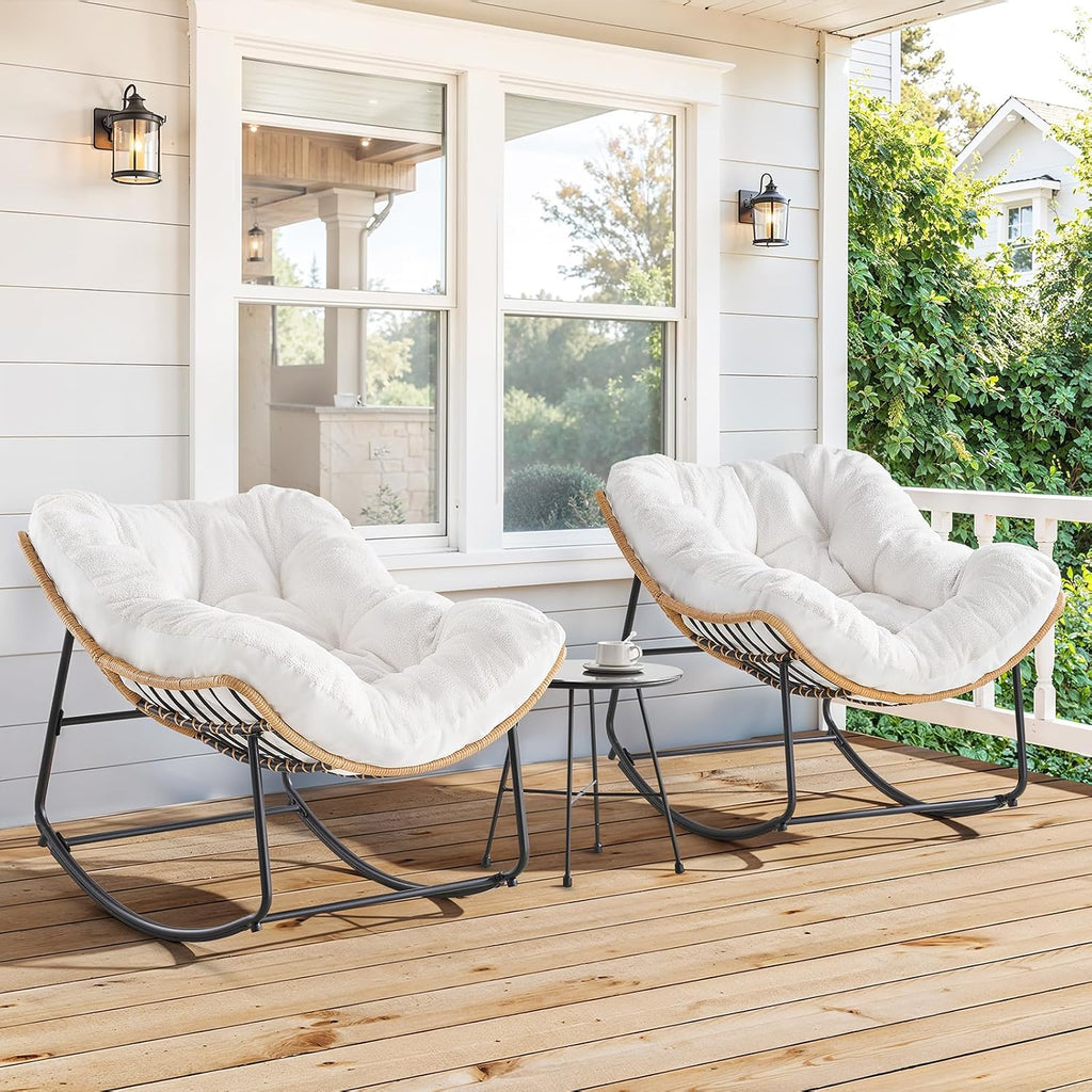 ONBRILL Outdoor Rocking Chairs, Oversized Papasan Rocking Chair Indoors with Padded Cushions, Rattan Wicker Lounge Chair for Living Room, Porch, Patio, Garden, White