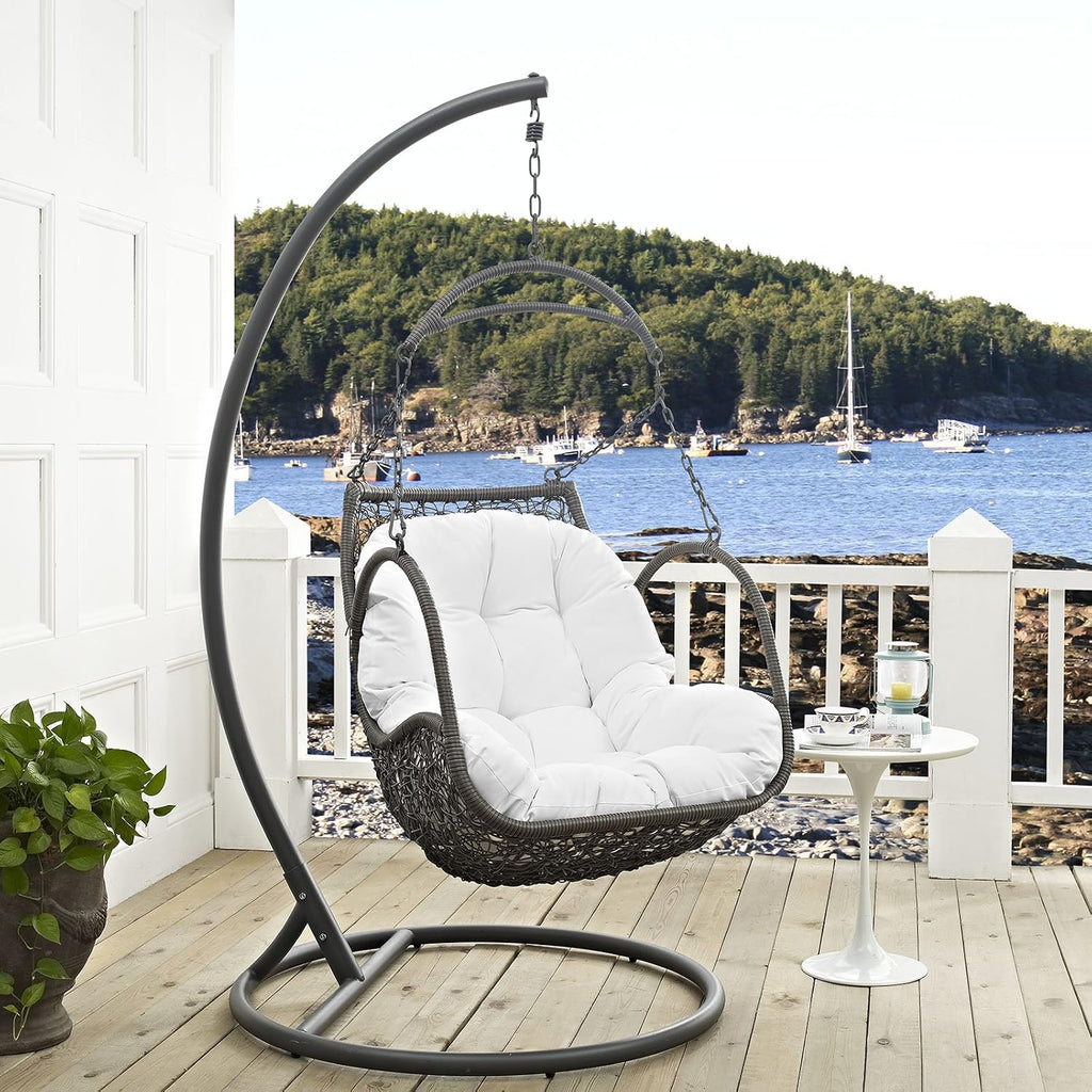 Modway Arbor Wicker Rattan Outdoor Patio Porch Lounge Hanging Swing Chair Set with Stand in White