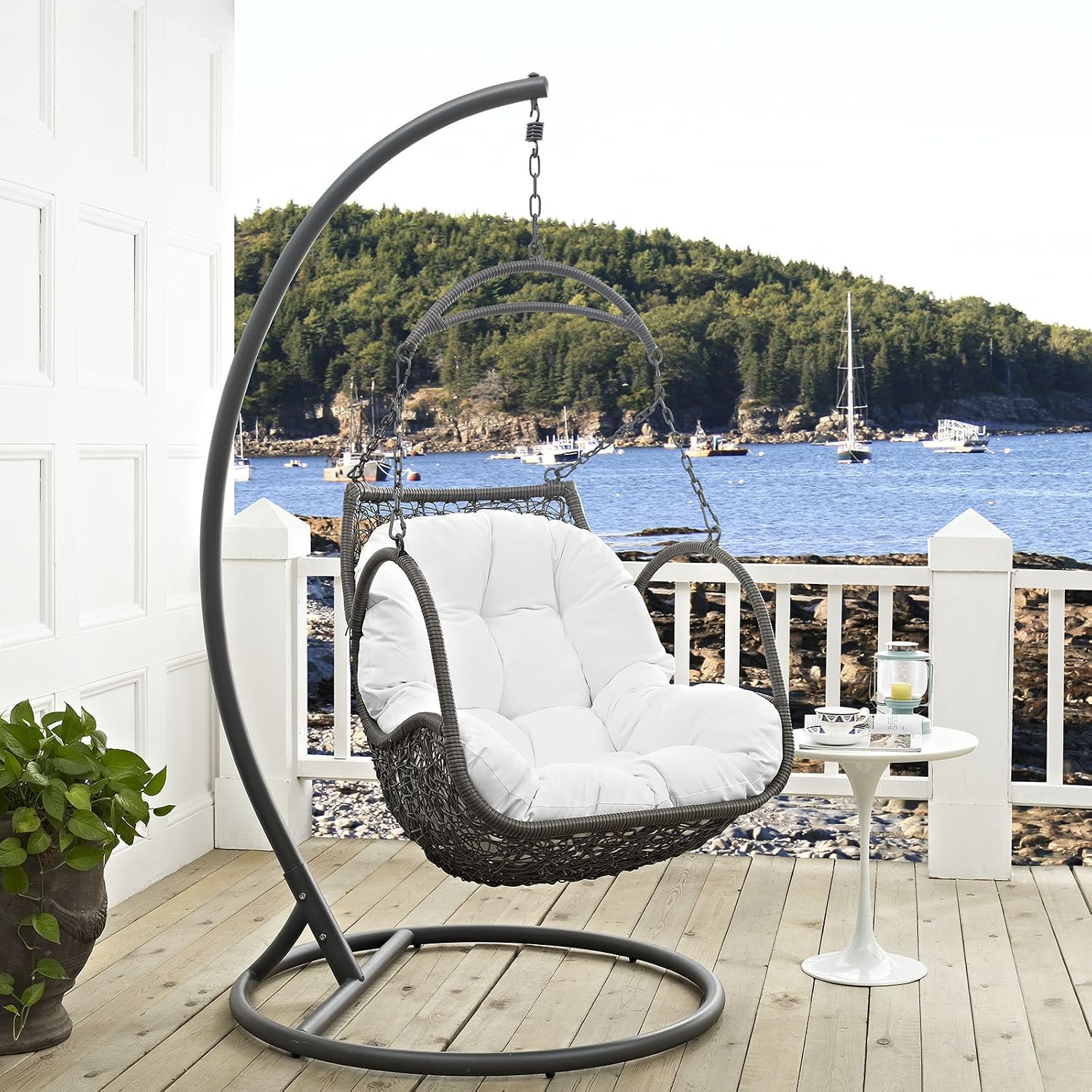 Modway Arbor Wicker Rattan Outdoor Patio Porch Lounge Hanging Swing Chair Set with Stand in White