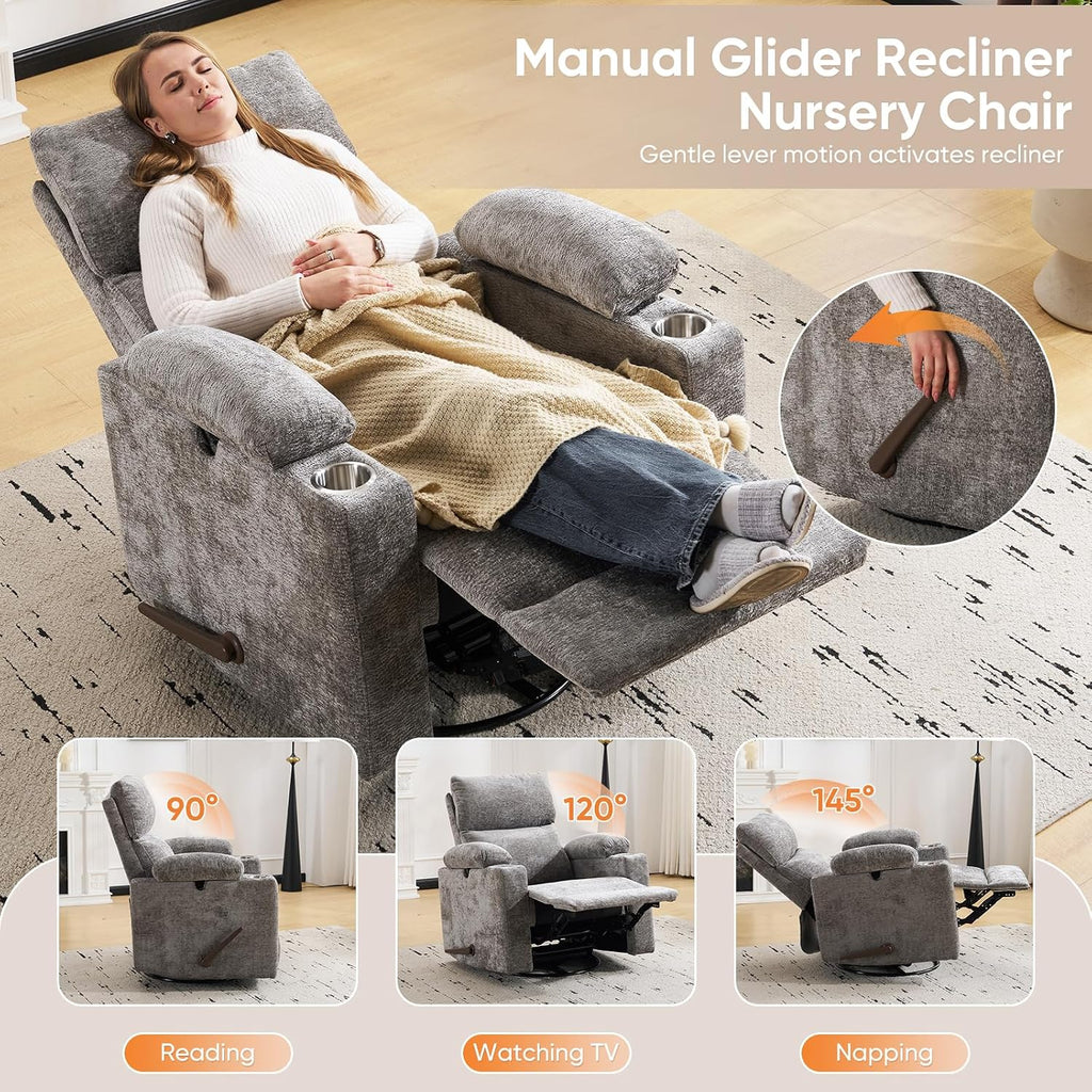 Swivel Rocker Recliner with Adjustable Armrests, Rocking Nursery Chair with Adjustable Headrest, Cup Holder, Manual Recliner Nursing Chair for Breastfeeding, Chenille Dark Grey