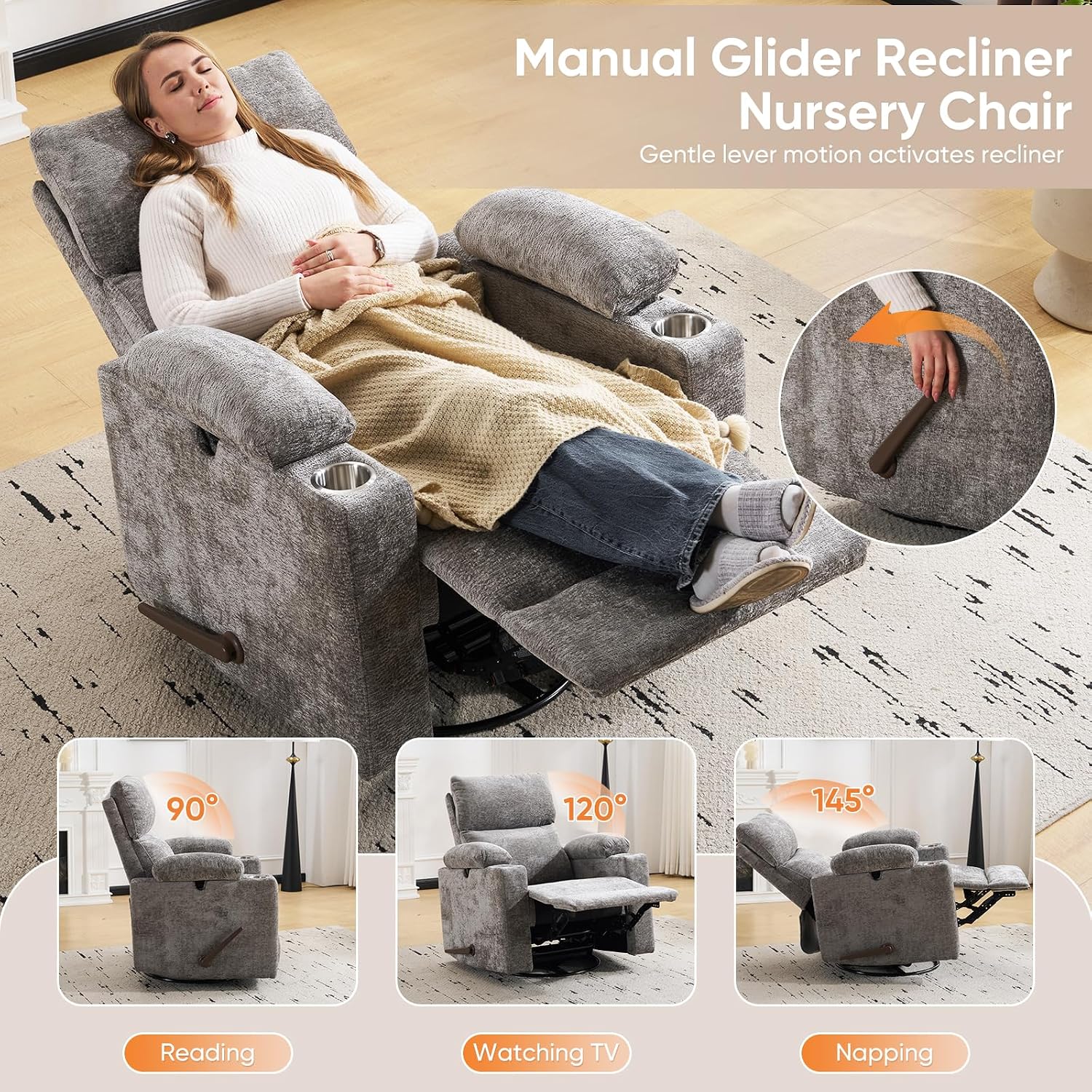 Swivel Rocker Recliner with Adjustable Armrests, Rocking Nursery Chair with Adjustable Headrest, Cup Holder, Manual Recliner Nursing Chair for Breastfeeding, Chenille Dark Grey