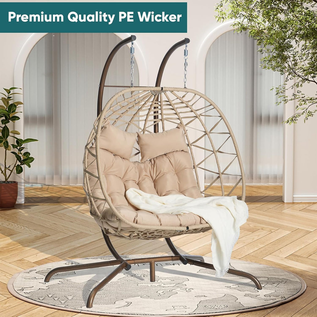 JOYBASE Double Swing Egg Chair with Stand, 2-Person Hanging Egg Chair Wicker Rattan Oversized Swinging Chair for Outdoor Indoor Garden Patio (Khaki Cushion and Beige Rattan)