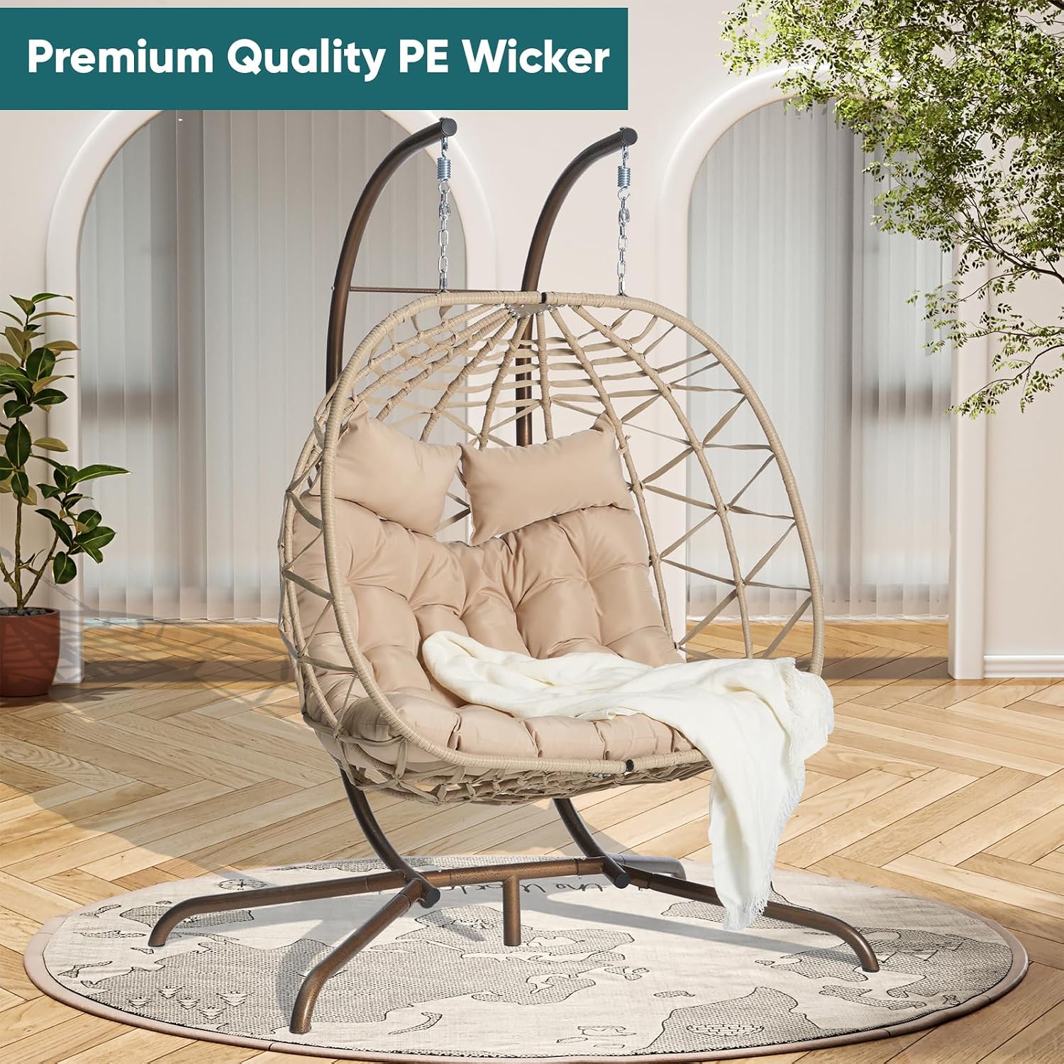 JOYBASE Double Swing Egg Chair with Stand, 2-Person Hanging Egg Chair Wicker Rattan Oversized Swinging Chair for Outdoor Indoor Garden Patio (Khaki Cushion and Beige Rattan)