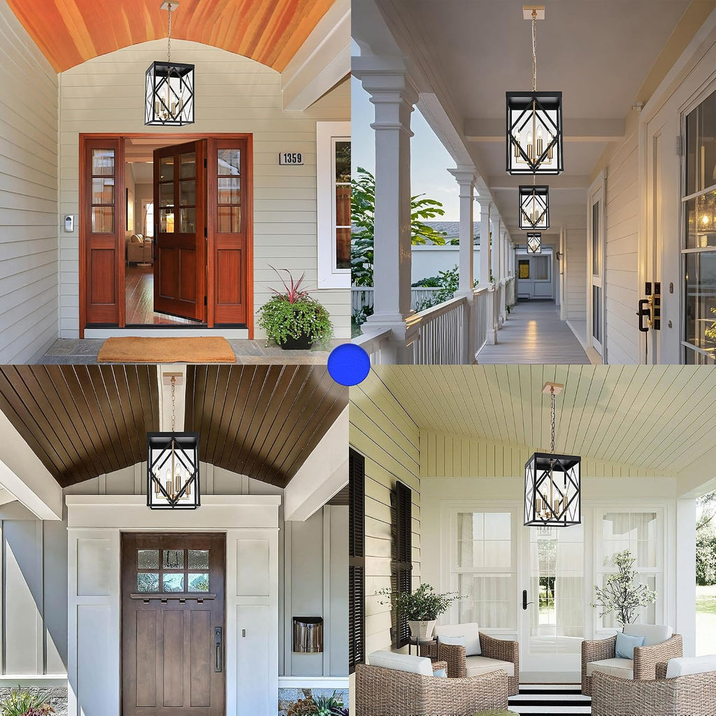 Outdoor Pendant Light for Porch, 4-Light Modern Metal Exterior Hanging Lantern Pendant Light Outside Chandelier Black with Clear Glass or Front Porch Entrance Foyer Entryway, Brass Socket