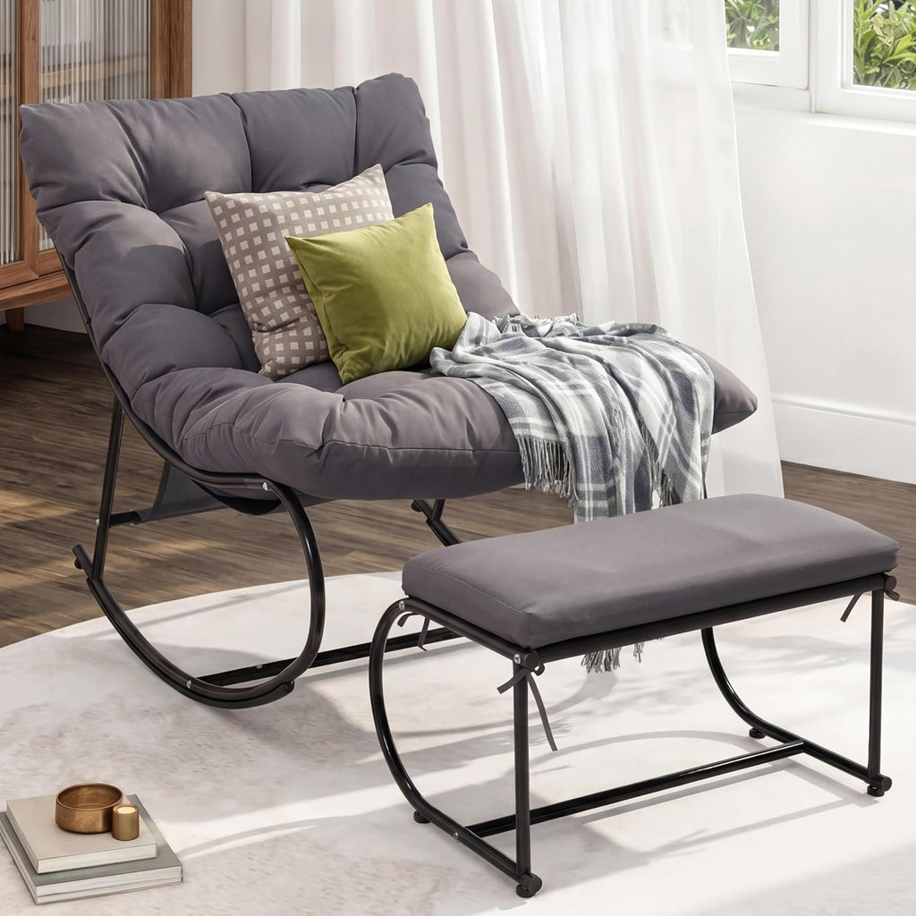 Oversized Double Papasan Rocking Chair Set of 2 with Ottoman, Egg Shaped Patio Lounge Chair with Thick Soft Cushion, Outdoor Relaxation Furniture for Porch, Backyard, Garden, Balcony, Grey
