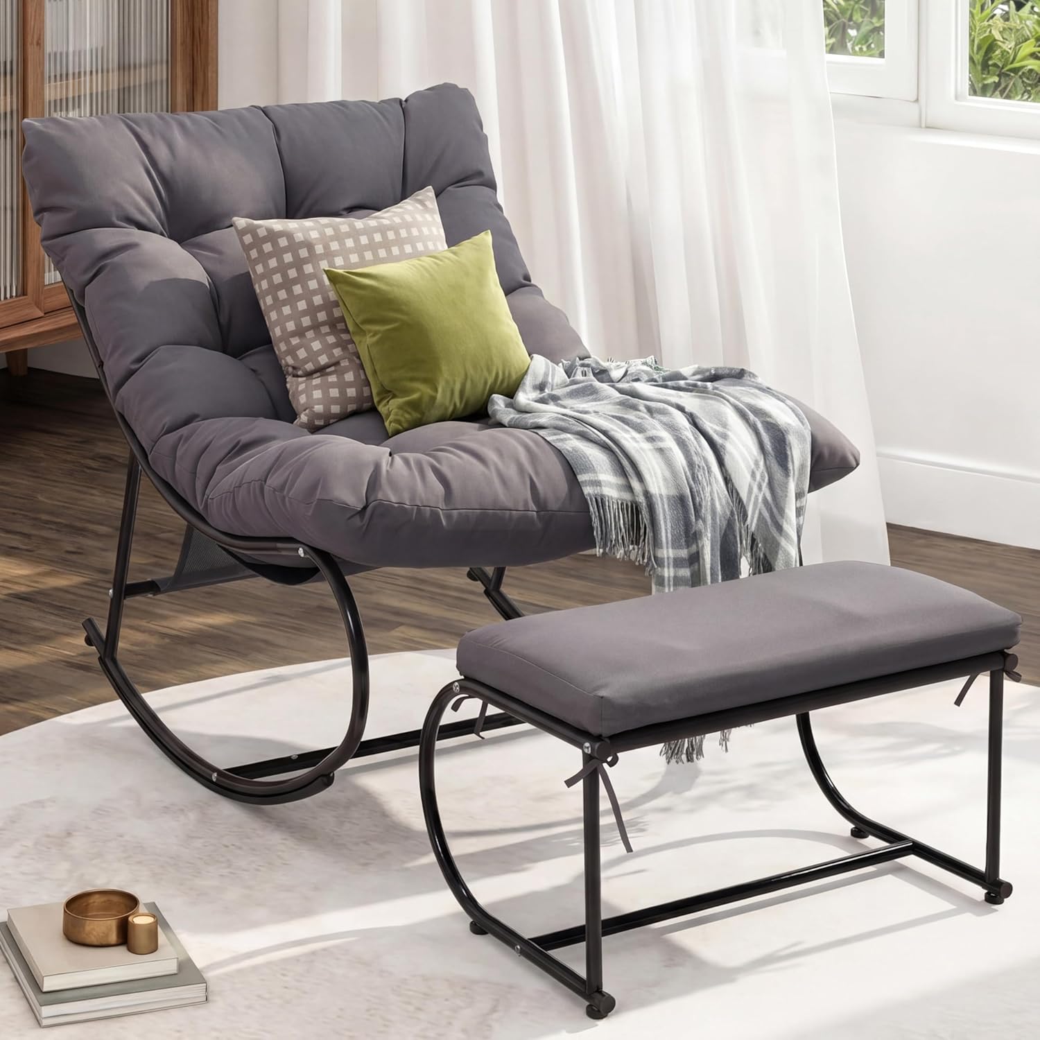 Oversized Double Papasan Rocking Chair Set of 2 with Ottoman, Egg Shaped Patio Lounge Chair with Thick Soft Cushion, Outdoor Relaxation Furniture for Porch, Backyard, Garden, Balcony, Grey