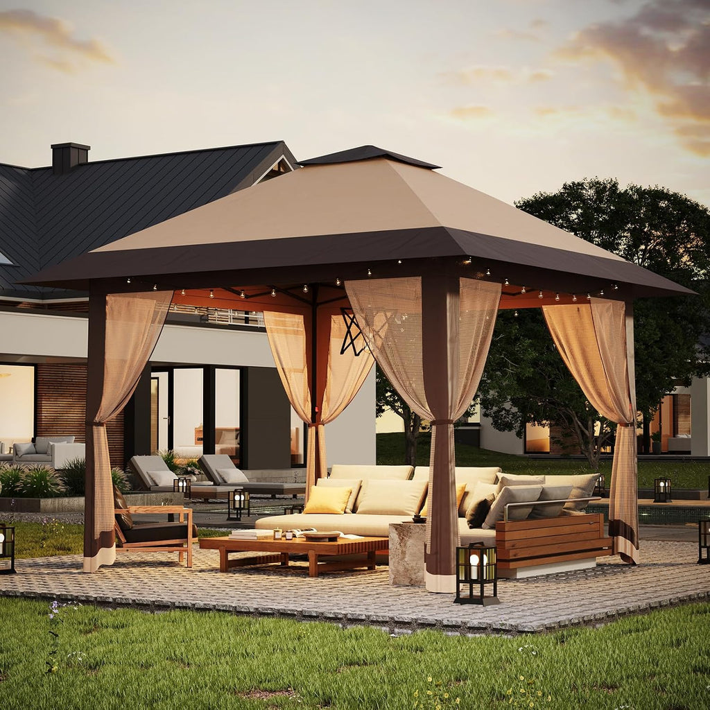 13x13FT Pop Up Gazebo with Mosquito Netting, Outdoor Canopy Tent with Double Roof, Folding Gazebo for Patio, Backyard, Garden, Camping, Party, Wedding, Adjustable Height Khaki