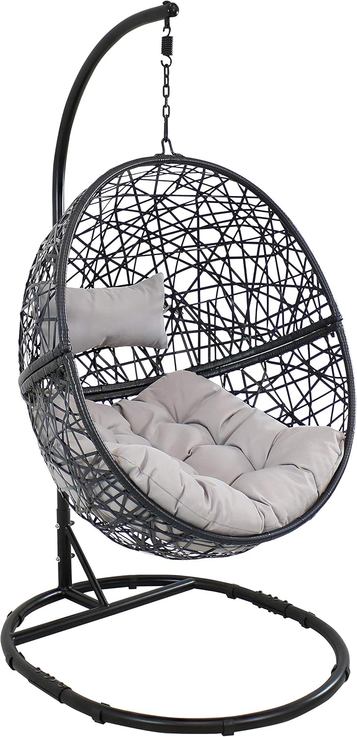 Sunnydaze Jackson Resin Wicker Hanging Egg Chair with Steel Stand - 265-Pound Weight Capacity - Includes Gray Cushions