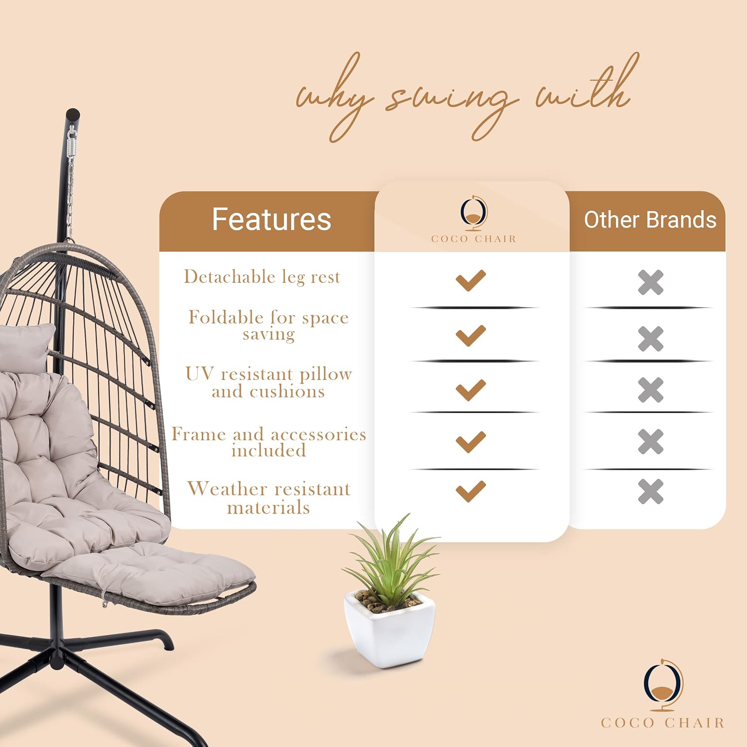 Hanging Egg Chair with Stand & Leg Rest | Modern, Boho-Chic Outdoor & Indoor Swing Chair | Grey