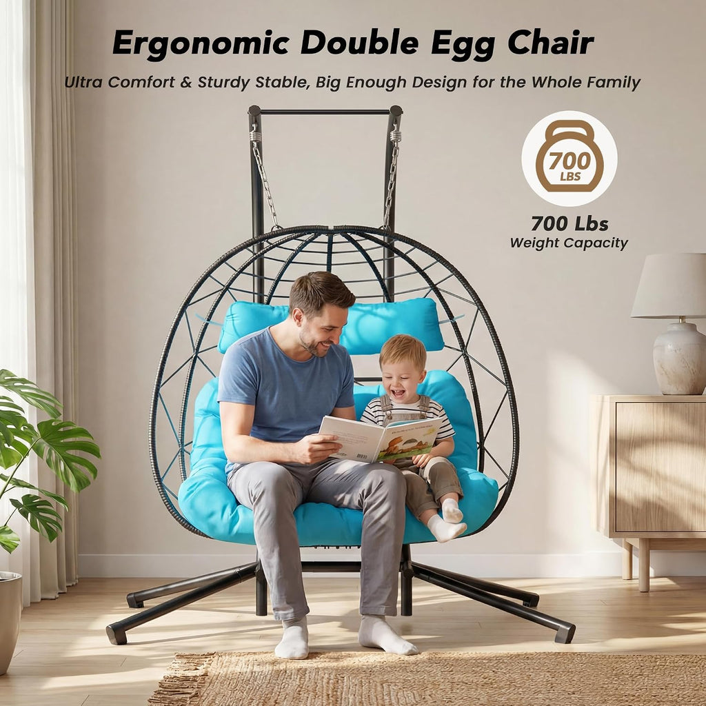 Easyego Set of 2 Wicker Hanging Egg Chairs with Stand, 700 lb Capacity, Indoor/Outdoor Double Egg Swing Hammock Chairs for Patio, Garden, Porch, Living Room, Bedroom, Blue