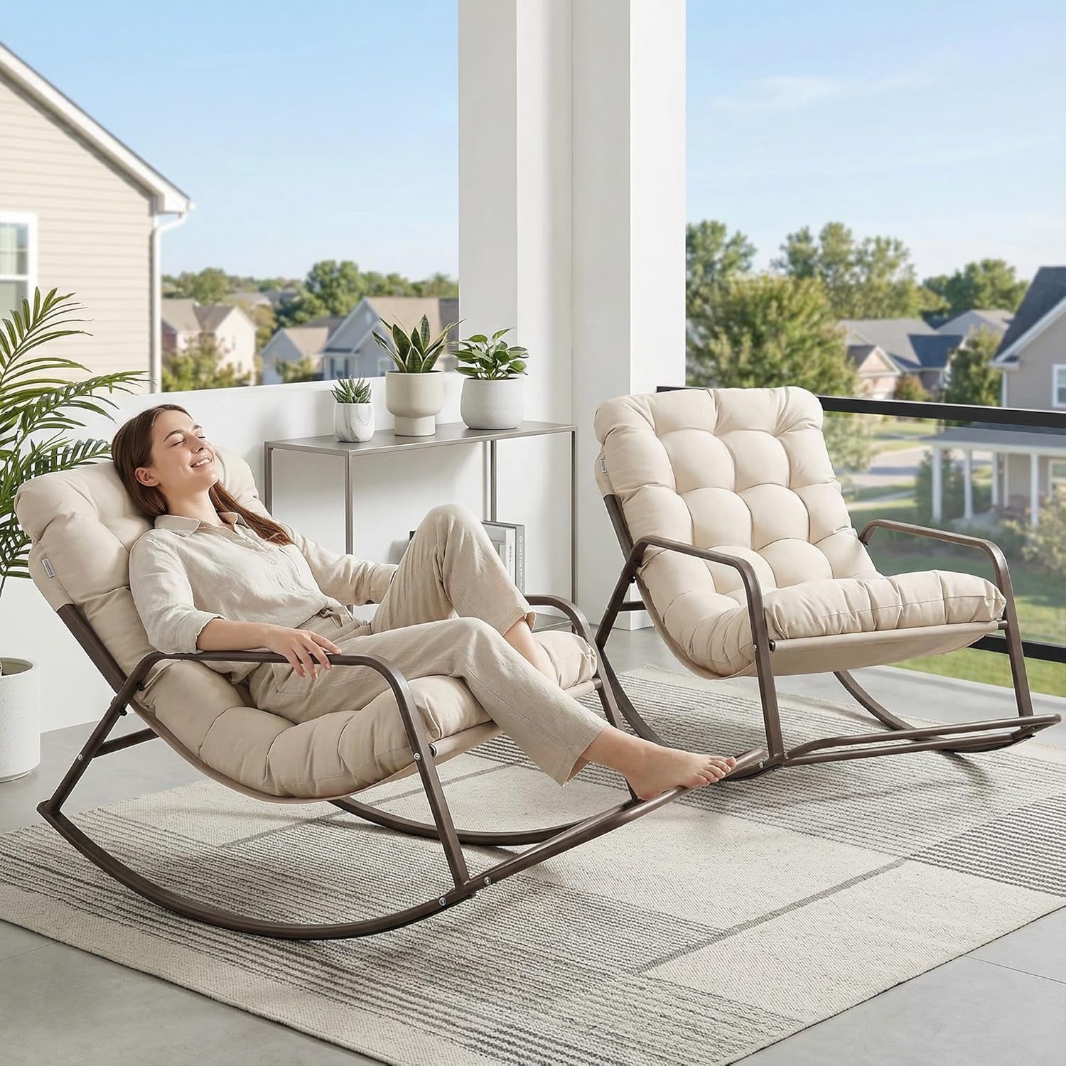 RADIATA 2pcs Rocking Lounge Chair, Indoor Outdoor Reclining Lounger with Footrest & Cushion, 450lbs Weight Capacity, Comfortable Rocker for Relaxation, Reading and Napping (Beige)