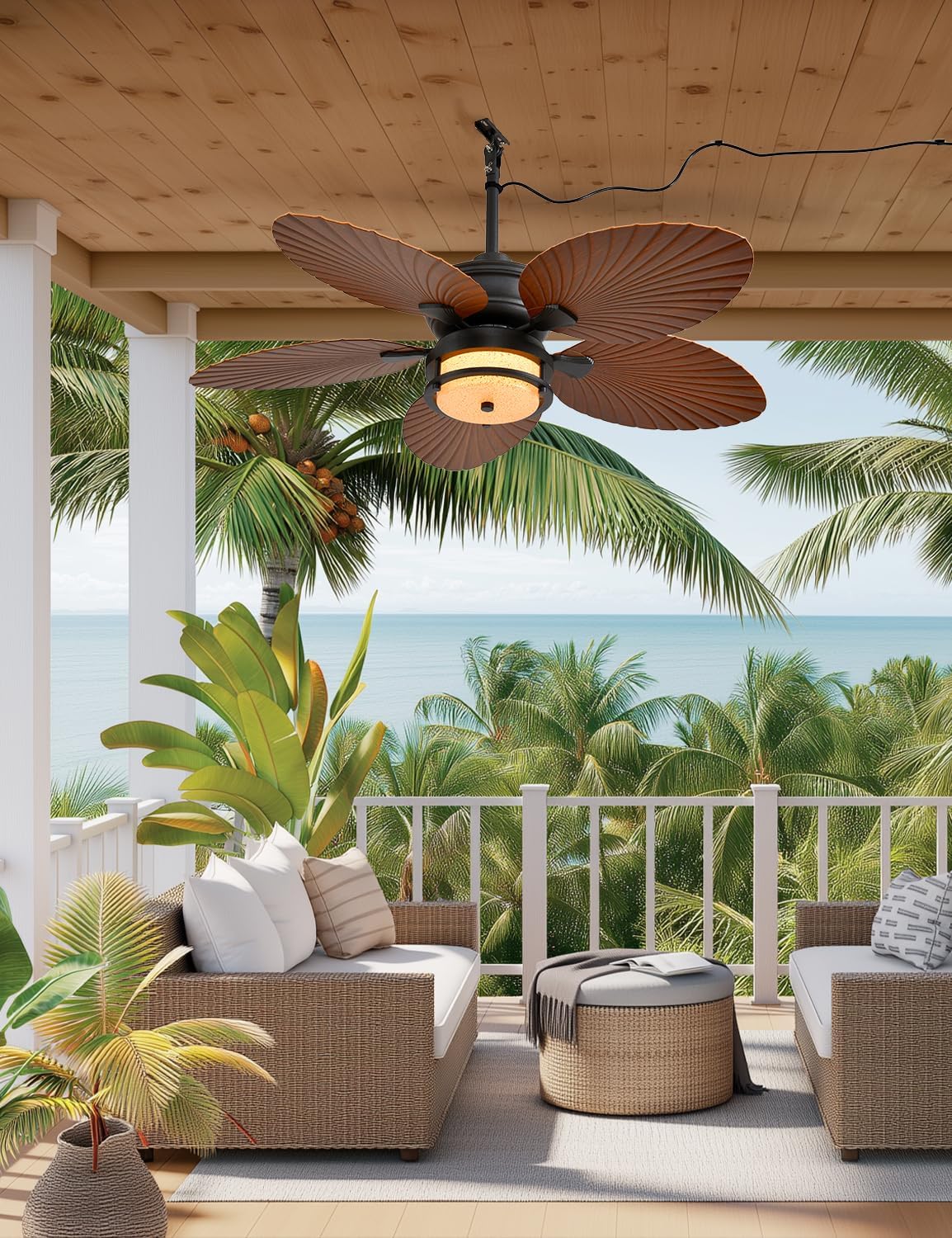 Orison 52'' Outdoor Ceiling Fan with Lights, Tropical Palm Leaf Fan, Wet Rated for Patio, Porch & Gazebo, Dimmable LED, 6-Speed, Remote & App Control, Plug-in/Flush Mount, Bronze