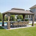PURPLE LEAF 12' x 16' Outdoor Hardtop Gazebo with 11 Pieces Outdoor Dining Set, Champagne Aluminum Gazebo with Galvanized Steel Double Roof, Curtains and Netting for Patio Lawn and Garden