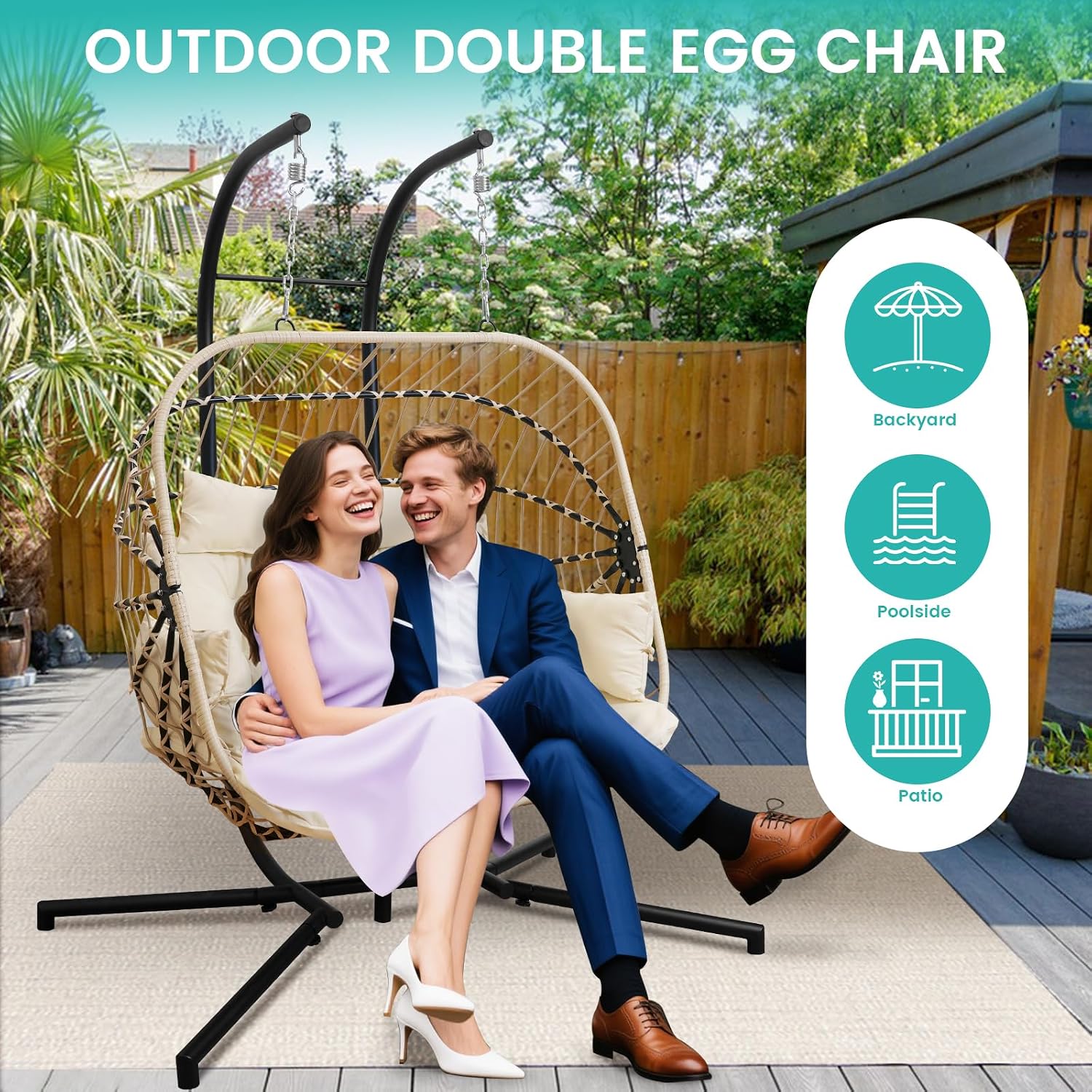 Double Egg Swing Chair with Stand Patio Rattan Wicker Hammock Chairs Outdoor Indoor Egg Swing Chair with Cushion Headrest 550 Lbs Capacity for Bedroom Balcony Garden Porch Backyard, Beige