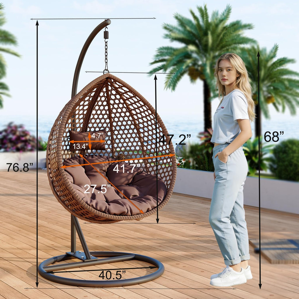 Egg Swing Chair Outdoor with Stand, Hanging Egg Rattan Basket Chair with Cushion and Pillow, Swinging Egg Chair, Foldable Basket and Metal Stand for Porch, Patio, Bedroom, Balcony,Yard (Brown)