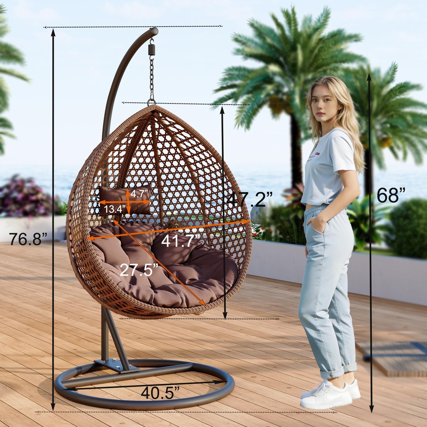 Egg Swing Chair Outdoor with Stand, Hanging Egg Rattan Basket Chair with Cushion and Pillow, Swinging Egg Chair, Foldable Basket and Metal Stand for Porch, Patio, Bedroom, Balcony,Yard (Brown)