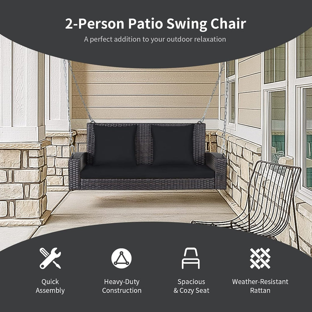 RELAX4LIFE Porch Swing 2-Seat Patio Rattan, Wicker Porch Swings Outdoor W/Two 7.9 Ft Solid Steel Chain, Comfortable Back & Seat Cushions, for Front Porch, Garden, Backyard Patio Swing (Black)
