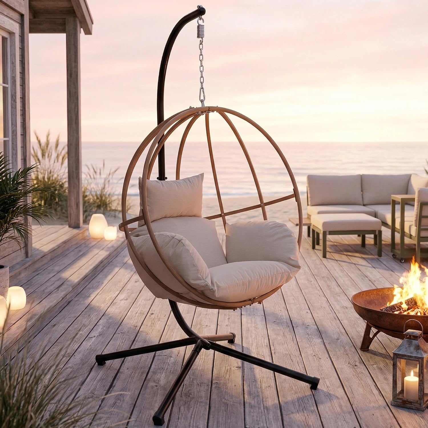 Egg Chairs Outdoor, Hanging Egg Chair with Stand, All Weather Swing Chair, Modern Swinging Egg Chairs Indoor, Metal Hanging Chairs with Cushions, Patio Lounge Chair for Balcony/Deck, Beige