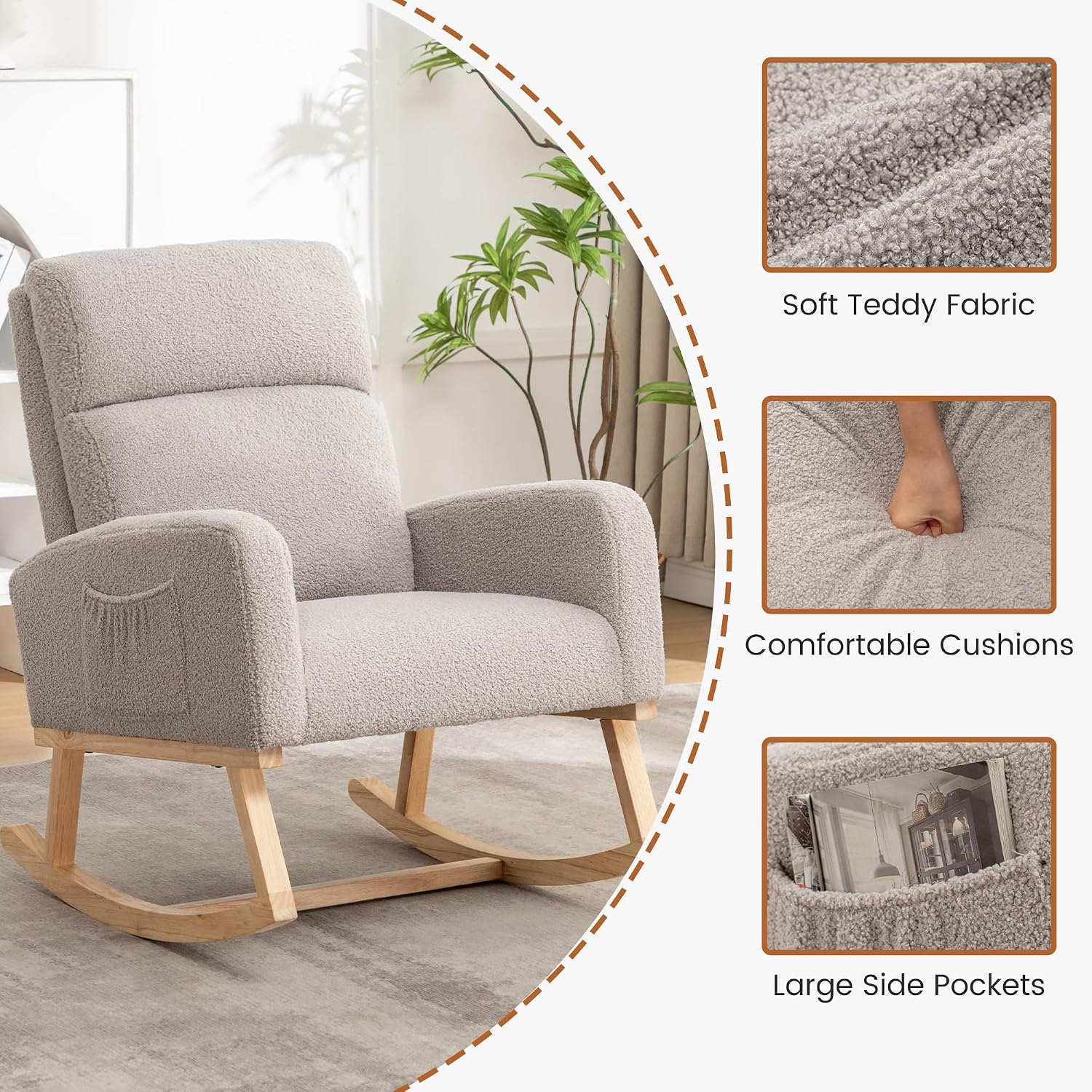 Rocking Chair Nursery, Nursery Rocker Chairs for Mom with High Backrest and Solid Wood Legs, Teddy Modern Glider Chairs for Nursing Living Room Bedroom, Light Grey