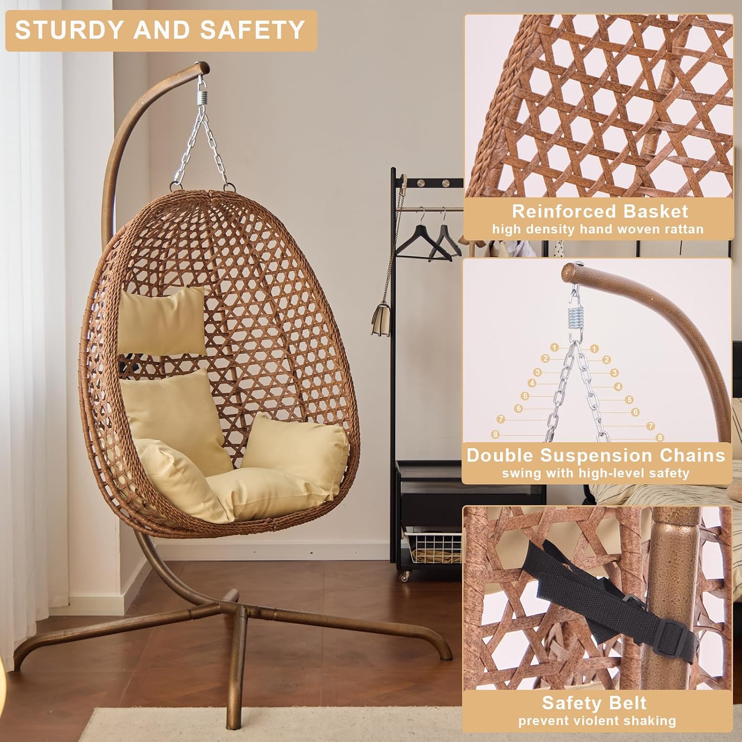 Indoor Hanging Chair with Stand for Bedroom, Hexagon Rattan Wicker Swing Egg Chair for Bedroom Porch Garden Patio Outdoor, Hammock Egg Swing Chair with Cushion,350LBS Capacity (Beige)
