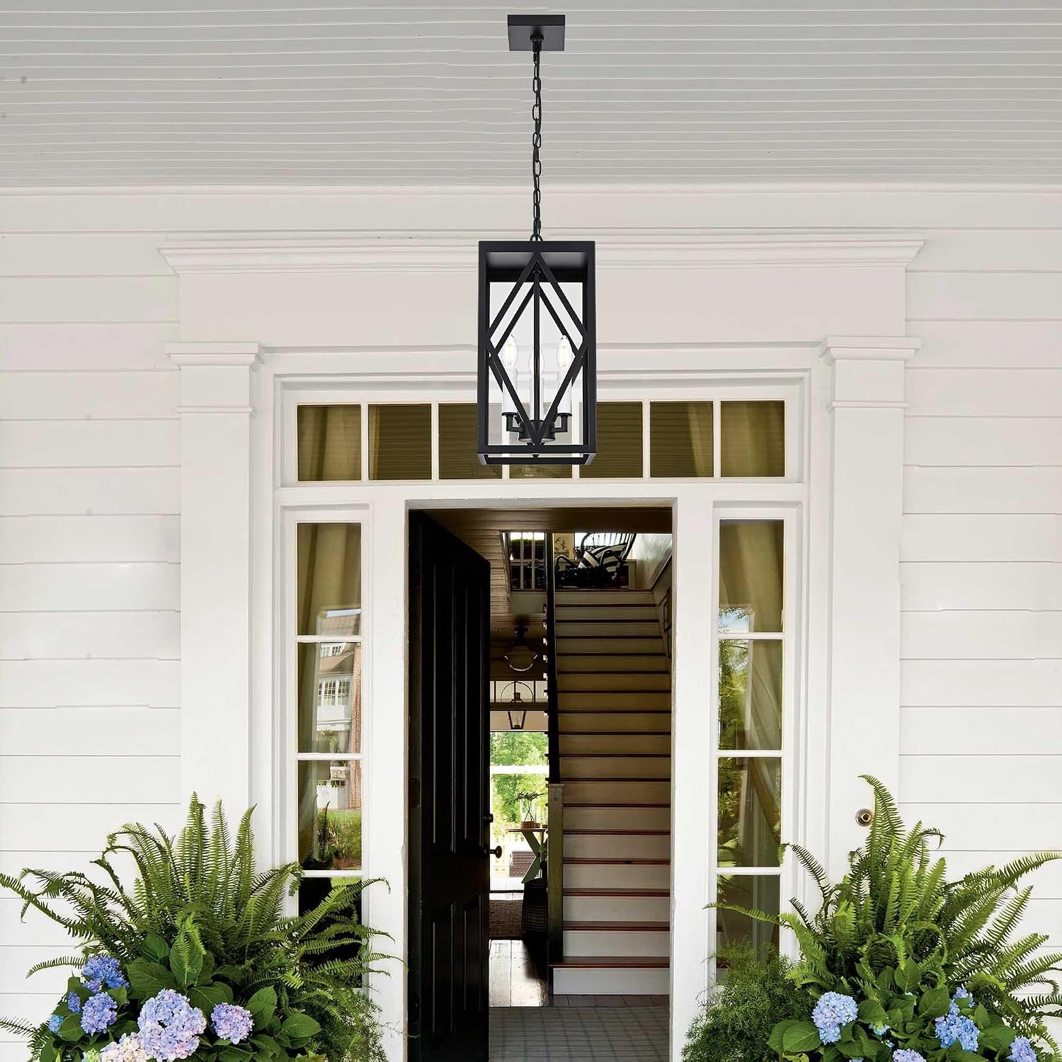 3 Light Outdoor Pendant Lights for Porch, 15.7'' Waterproof Exterior Hanging Porch Lights Ceiling Mount Outdoor Chandelier with Clear Glass for Front Porch Gazebo Patio, White Socket