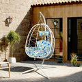 Egg Chair with Stand, Wicker Hanging Chair for Outdoor Patio, Cushioned Hammock Swing for Bedroom Garden Indoor/Outdoor, Double-Zipper Structure Hanging Egg Chair (White and Moroccan)