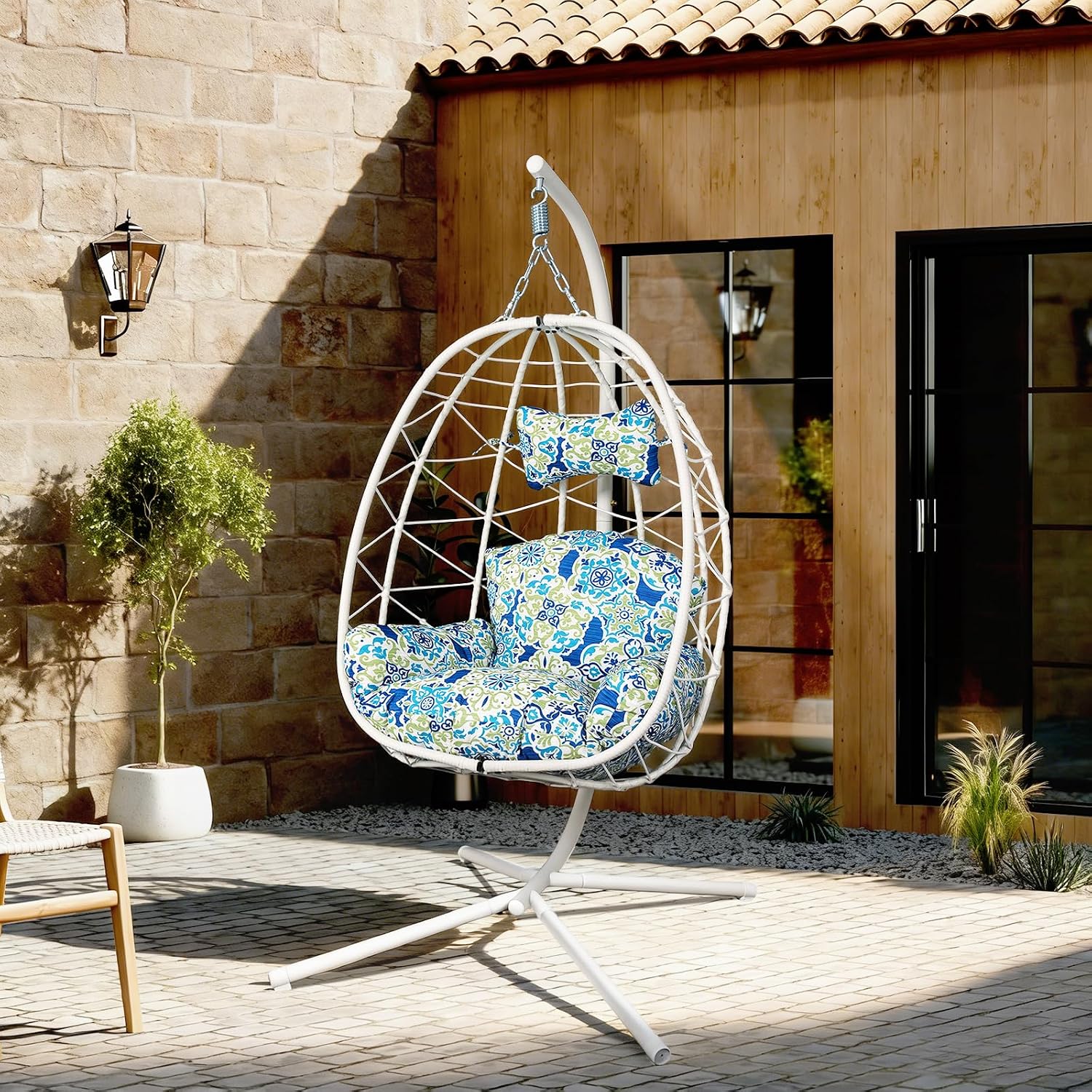 Egg Chair with Stand, Wicker Hanging Chair for Outdoor Patio, Cushioned Hammock Swing for Bedroom Garden Indoor/Outdoor, Double-Zipper Structure Hanging Egg Chair (White and Moroccan)