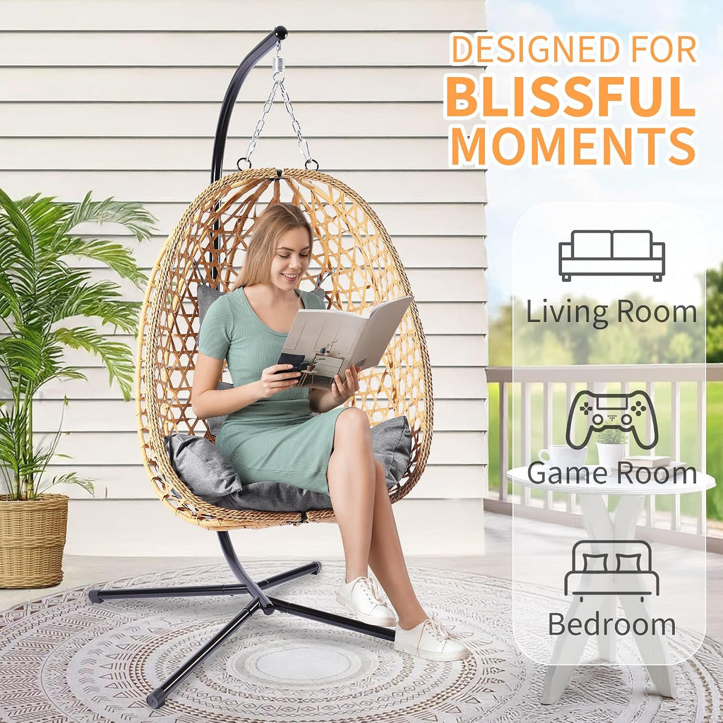 LHBCraft Hanging Egg Chair with Stand, Patio Wicker Swing Chair, Hammock Style with 350LBS Capacity for Bedroom, Balcony, or Garden (Yellow-Grey)