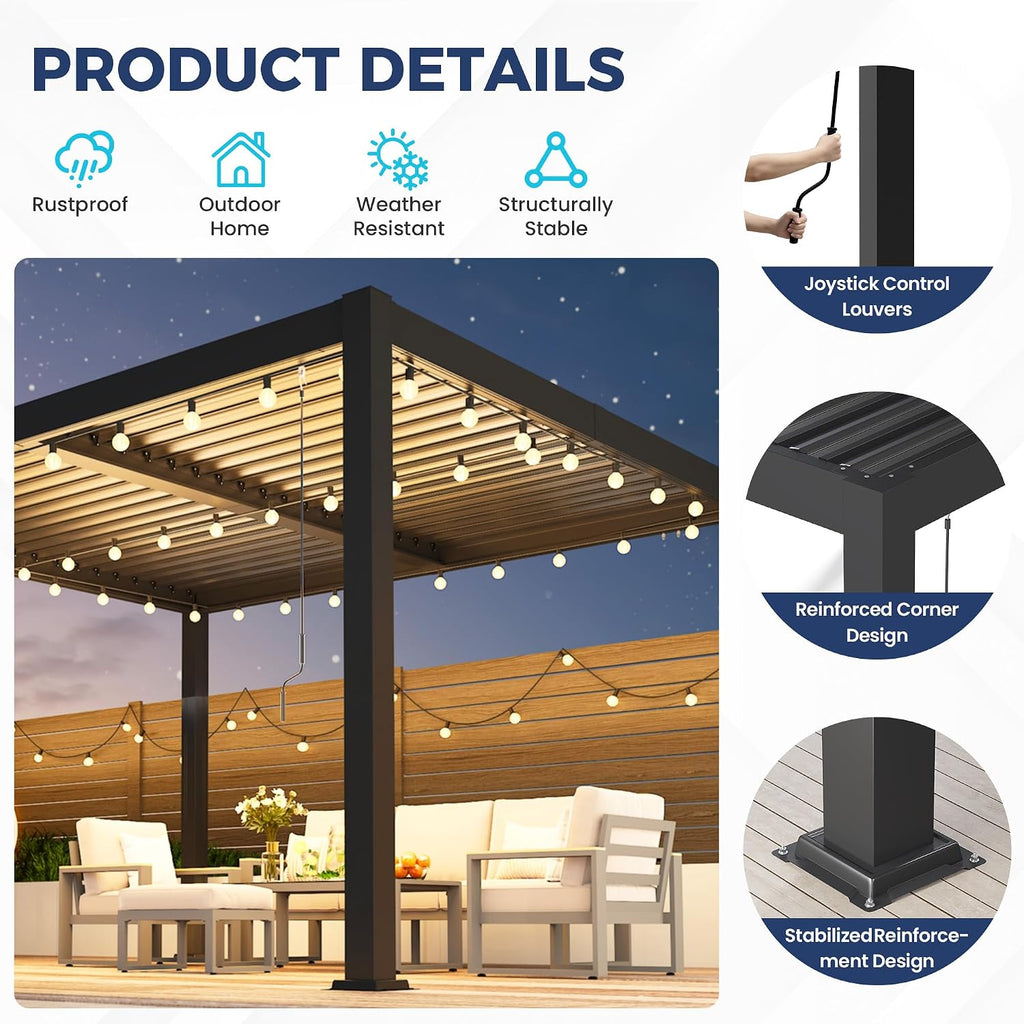 Louvered Pergola 10'x12', Full Metal Outdoor Pergola with Adjustable Proof and Gutter System, Metal Hardtop Gazebo for Patio, Deck, Garden, Yard, Dark Gray
